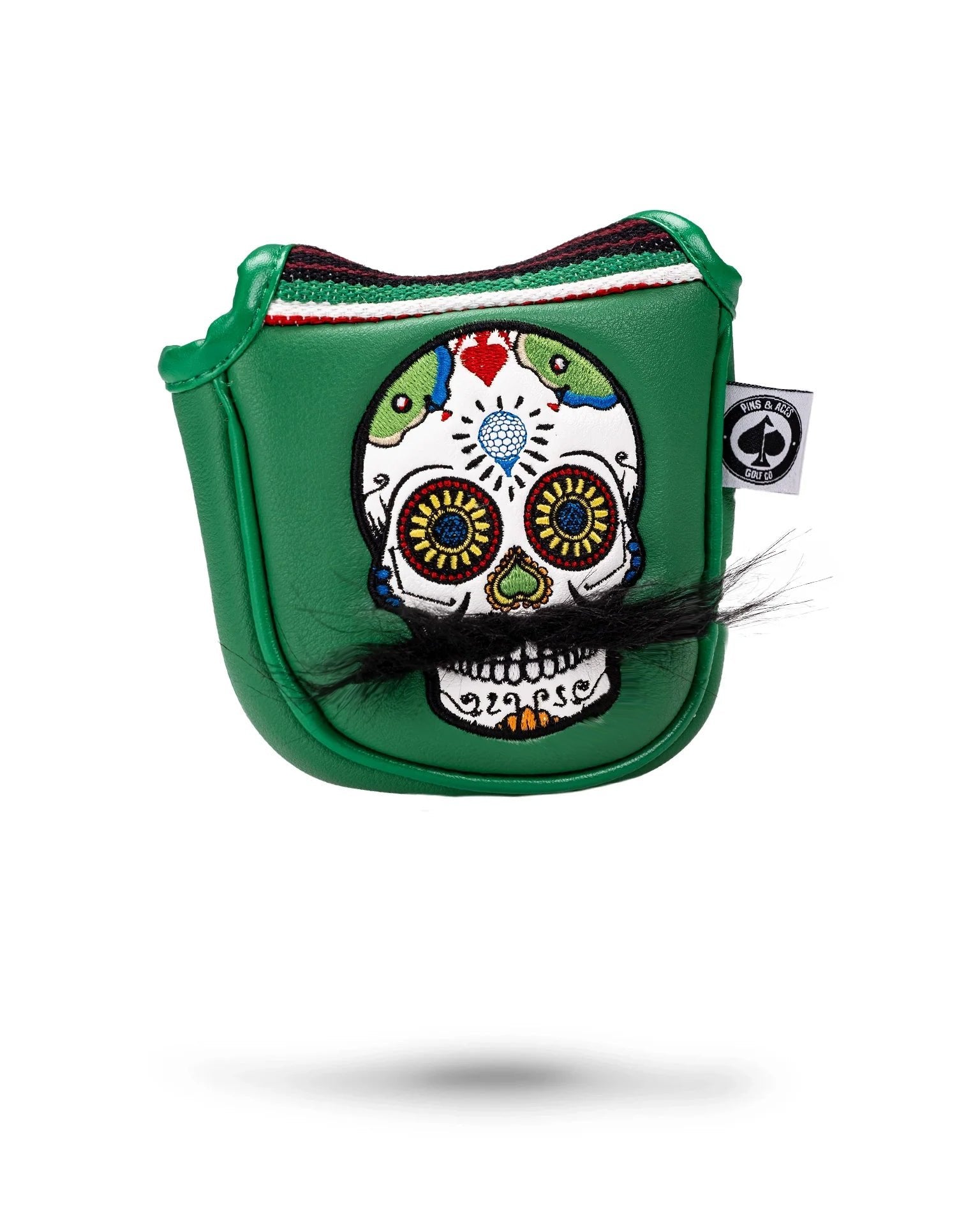 Green mallet putter cover featuring a colorful mustache sugar skull design with intricate details and vibrant colors.