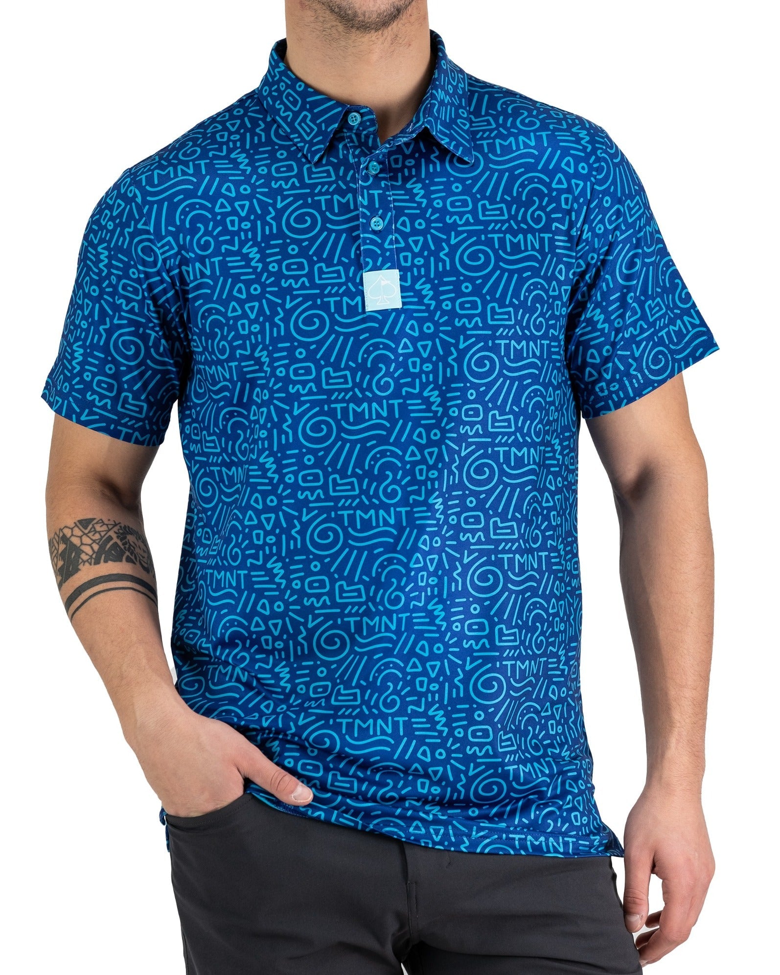 Blue short-sleeve shirt featuring a playful doodle pattern with TMNT graphics, perfect for stylish golfers.