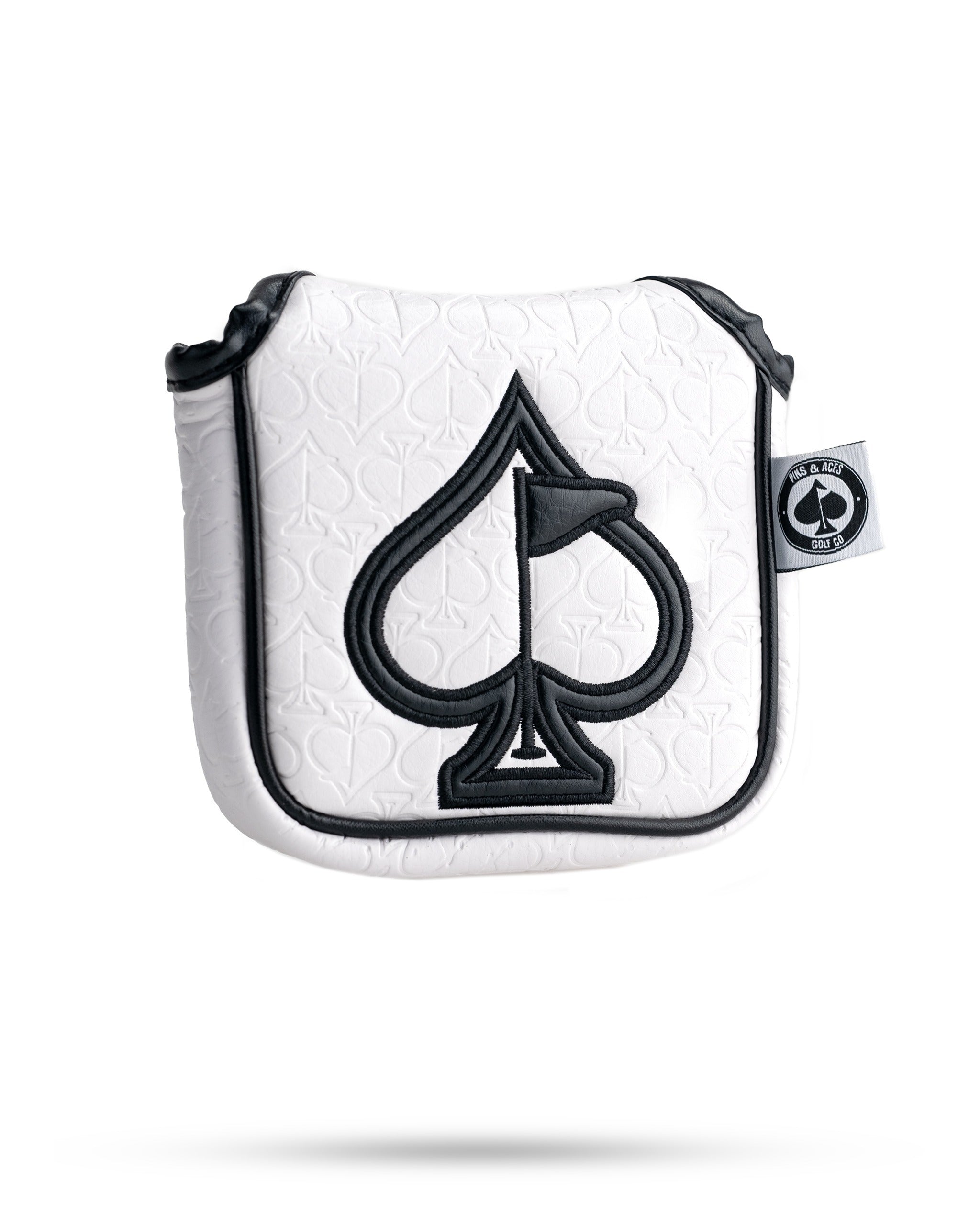 White golf headcover with black spade logo, embossed club pattern, and black trim, ideal for bold golf style.