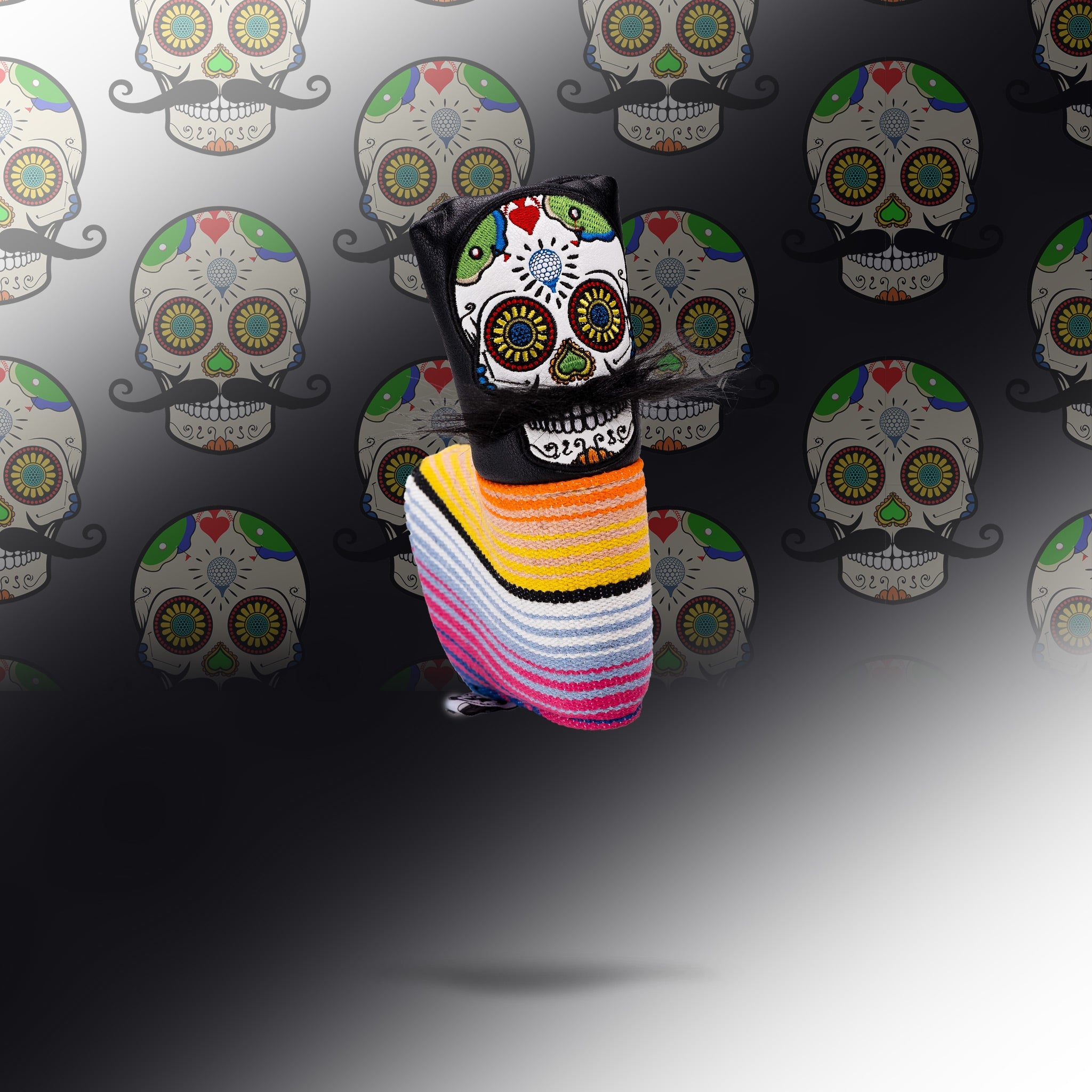 Bold black putter cover featuring a colorful mustache sugar skull design, perfect for golfers who want to stand out.