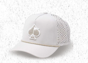 Perforated bone-colored rope hat featuring a spade logo and breathable mesh sides for stylish comfort on the golf course.