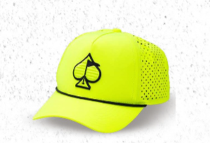 Highlighter yellow perforated rope hat featuring a black spade logo, perfect for bold golfers seeking style on the course.