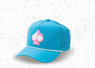 Baby blue perforated rope hat featuring a pink spade logo and a stylish design, ideal for golfers seeking a bold look.