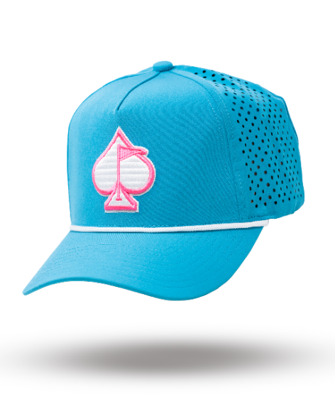 Perforated baby blue rope hat featuring a pink spade logo and a white accent band, ideal for stylish golfers.