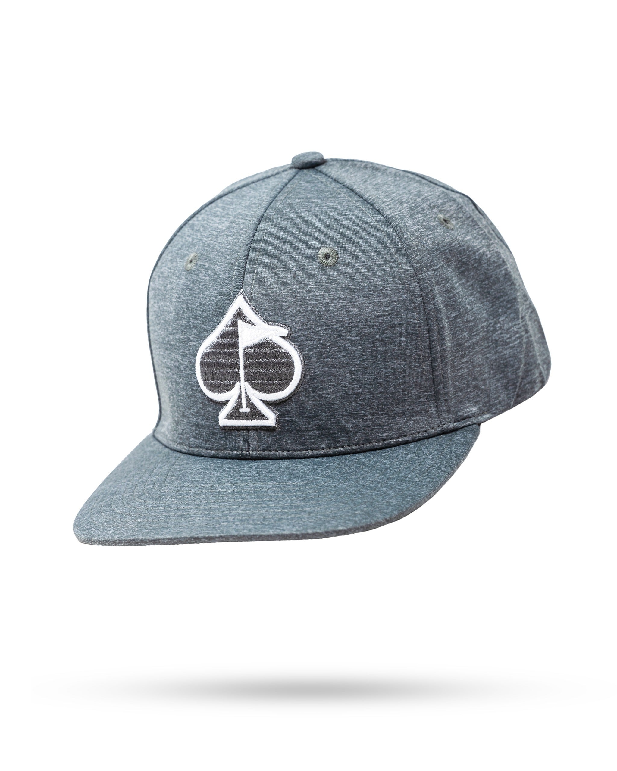 Ash-colored performance hat featuring a bold spade logo, designed for golfers seeking style and comfort on the course.