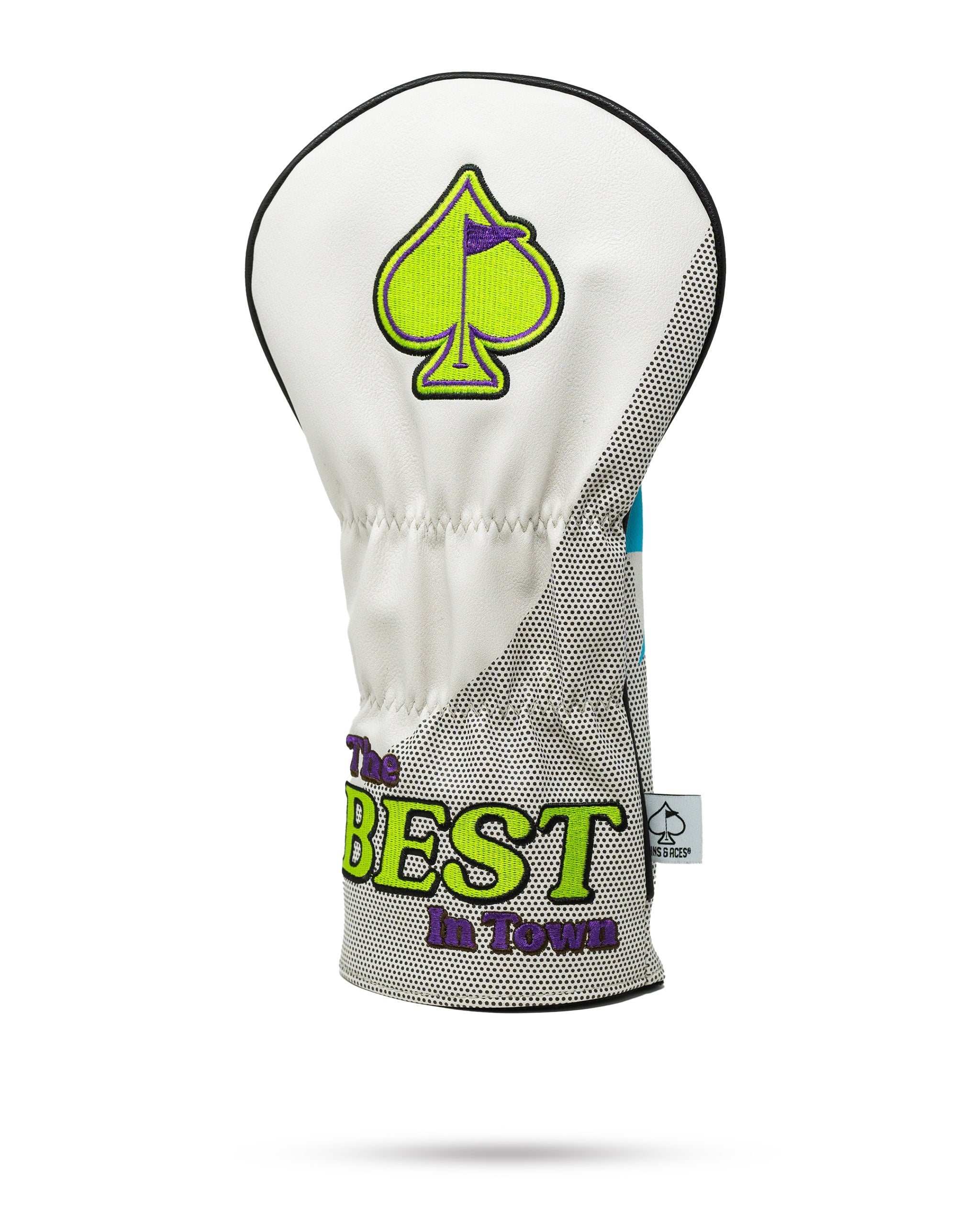 Bold golf driver cover featuring a spade logo and vibrant text stating "The BEST in Town," designed for standout style on the course.