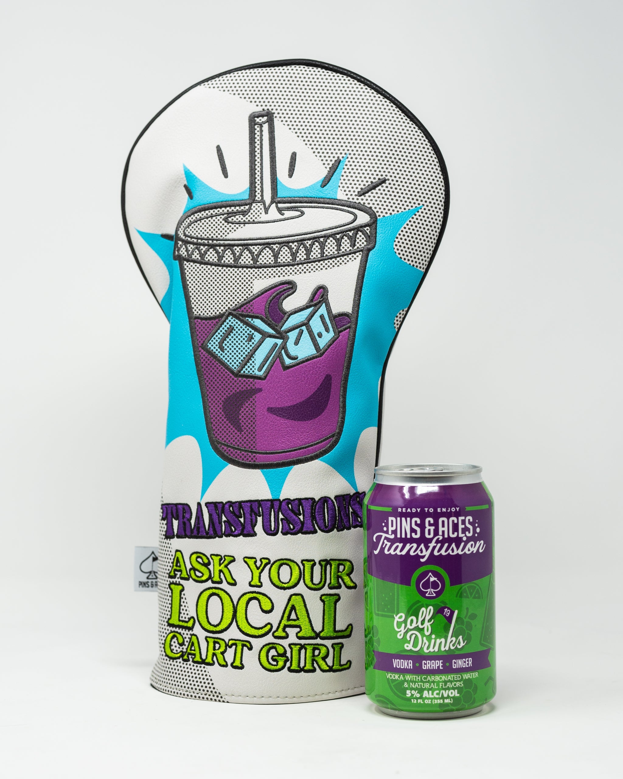 Bold Transfusion Driver Cover featuring a colorful drink design and the phrase "Ask Your Local Cart Girl," perfect for golfers.