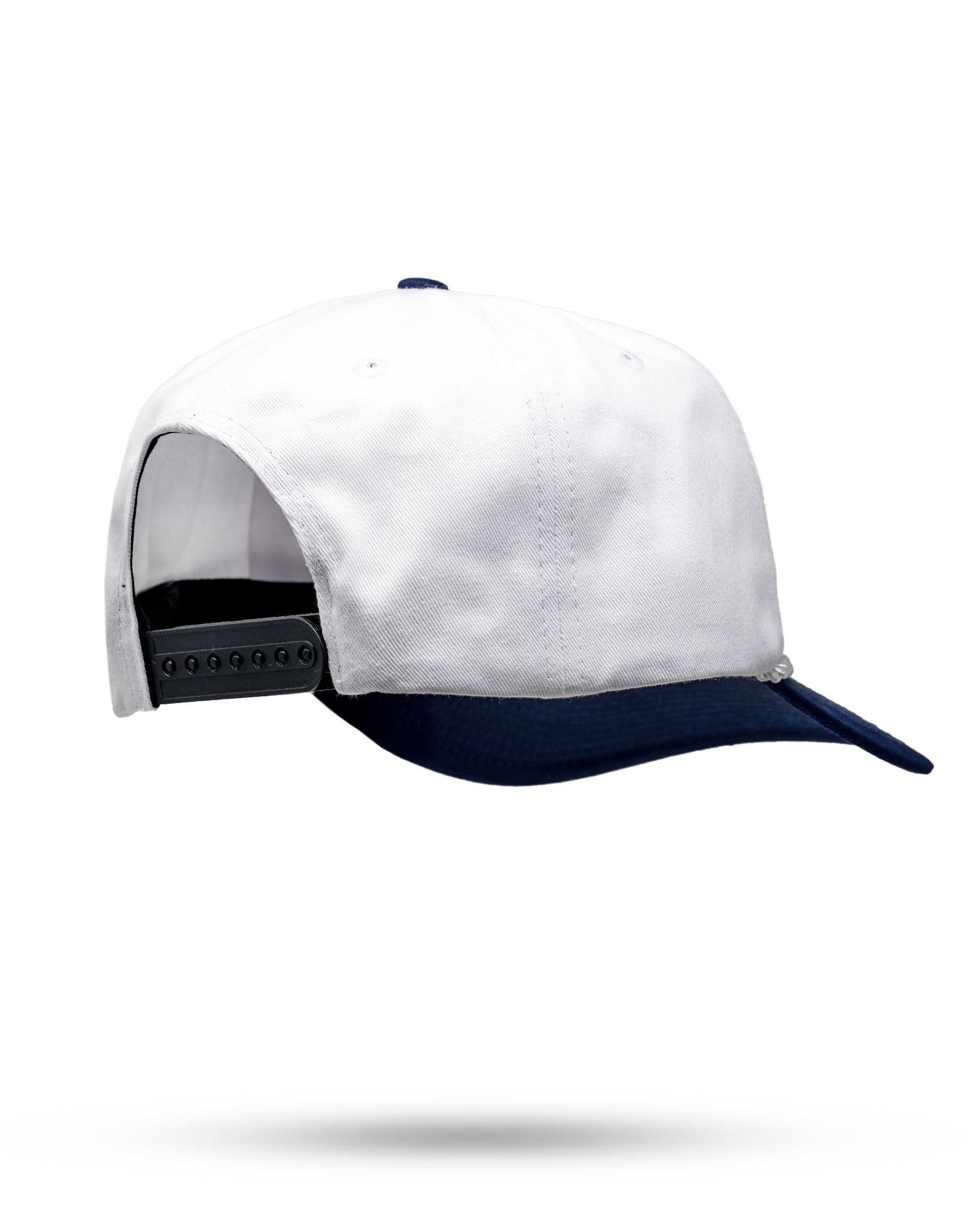 Heritage Rope Hat in Admiral features a white body with a navy brim and adjustable back for a stylish golf accessory.