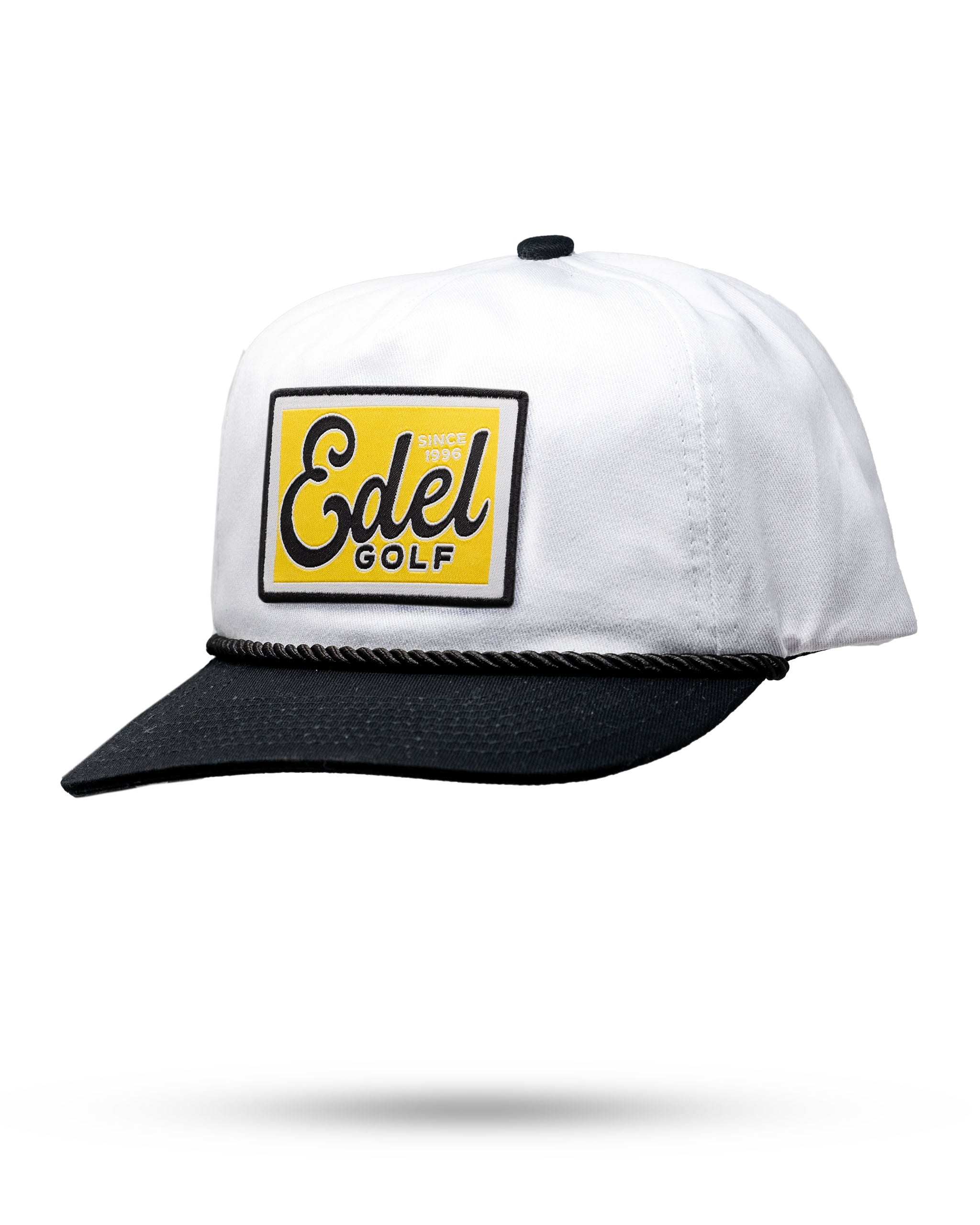 Heritage Rope Hat featuring a white crown, black brim, and bold yellow Edel Golf logo for stylish golfers.