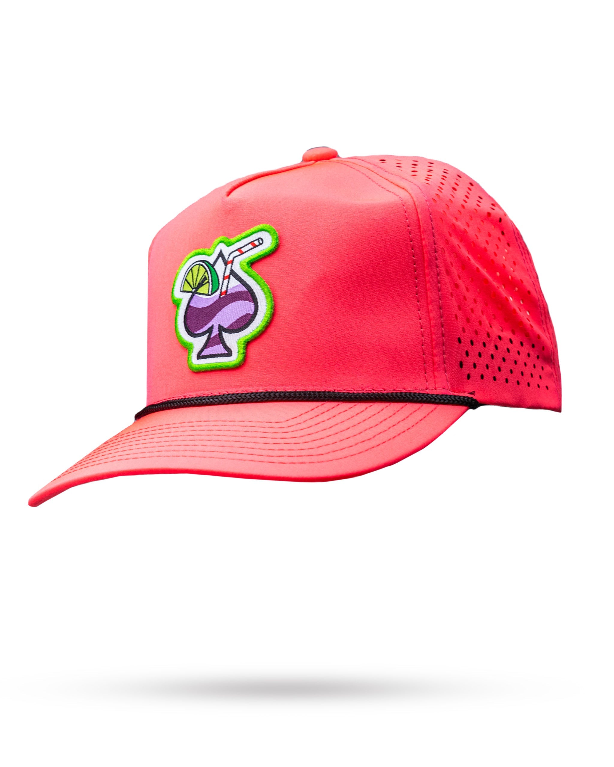 Perforated rope hat in highlighter pink featuring a colorful cocktail graphic on the front for stylish golfers.