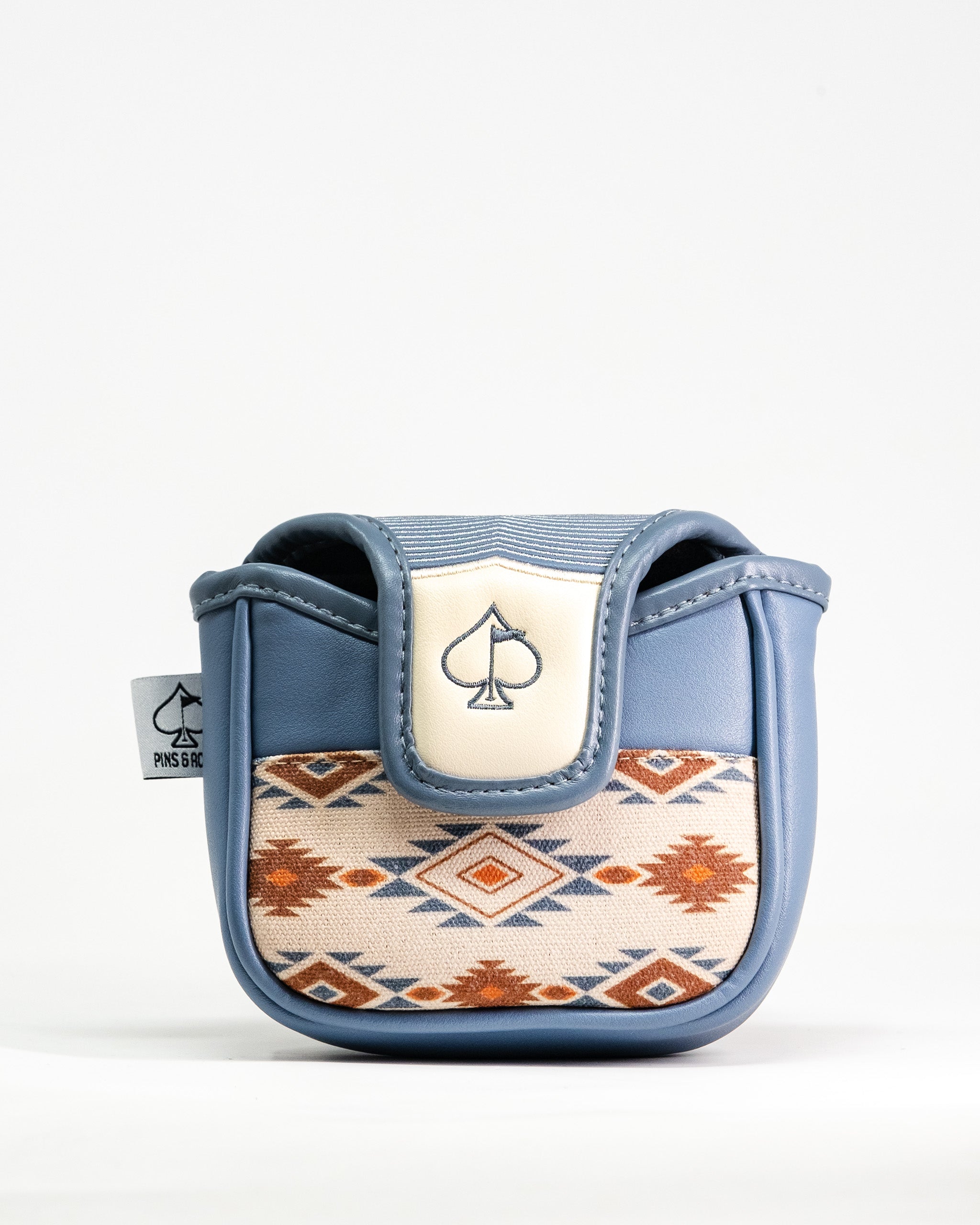 Western aesthetic mallet putter cover featuring a blue leather design with a tribal pattern for stylish golf protection.