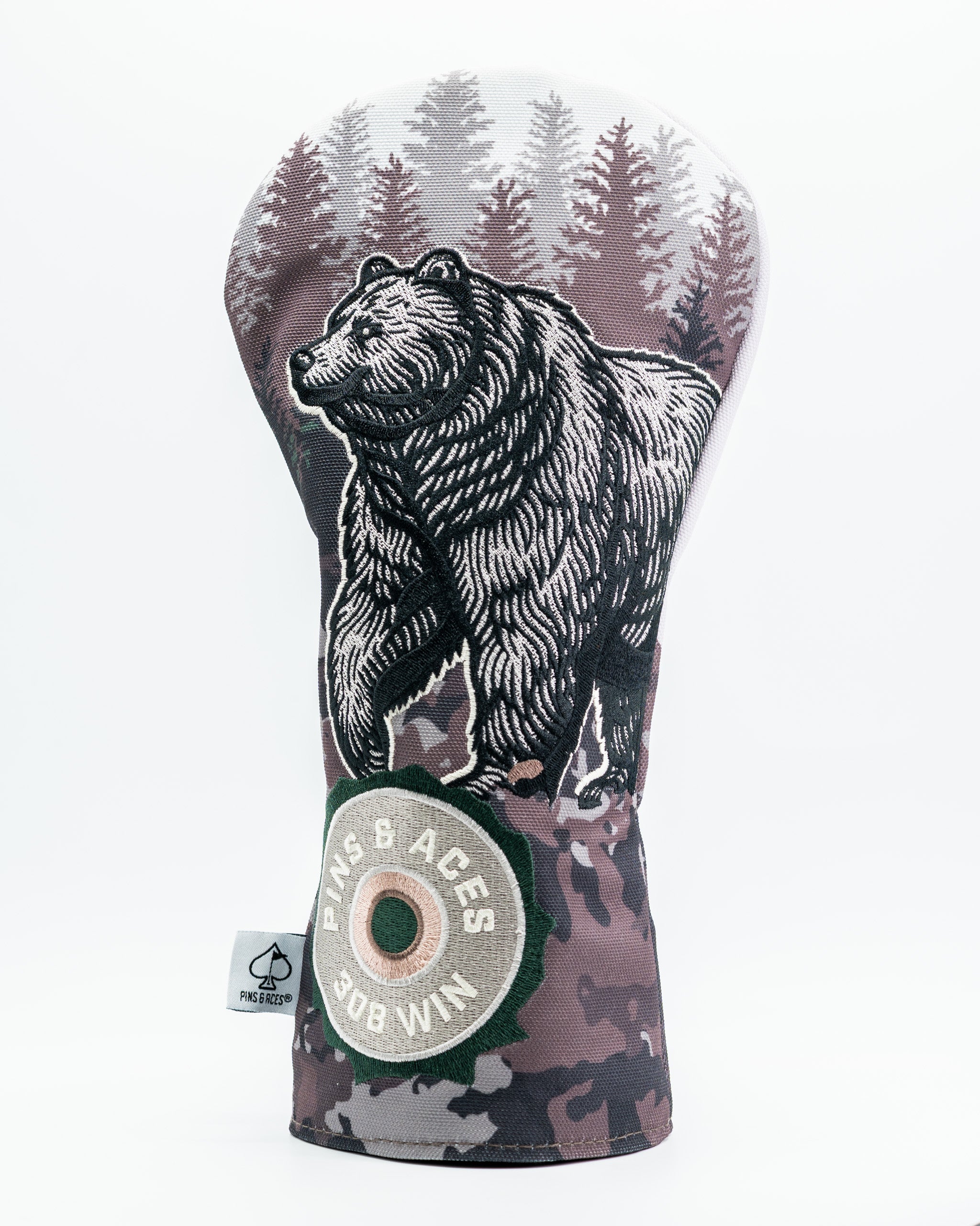 Bold bear driver cover featuring a detailed bear graphic against a camo background, perfect for standout golf style.