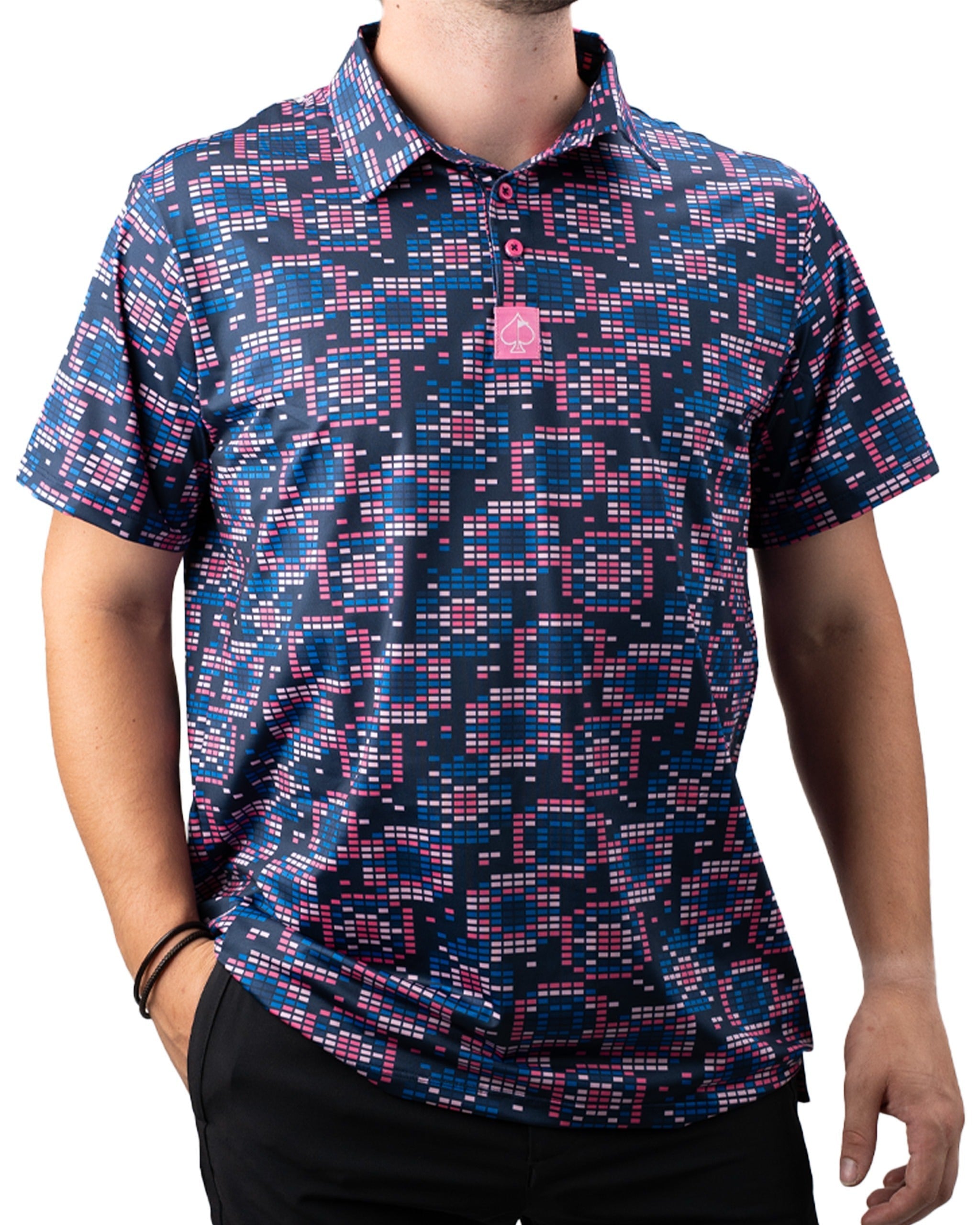 Bold Tetrafloral Dark golf polo featuring a vibrant geometric pattern in navy, pink, and teal, perfect for stylish golfers.