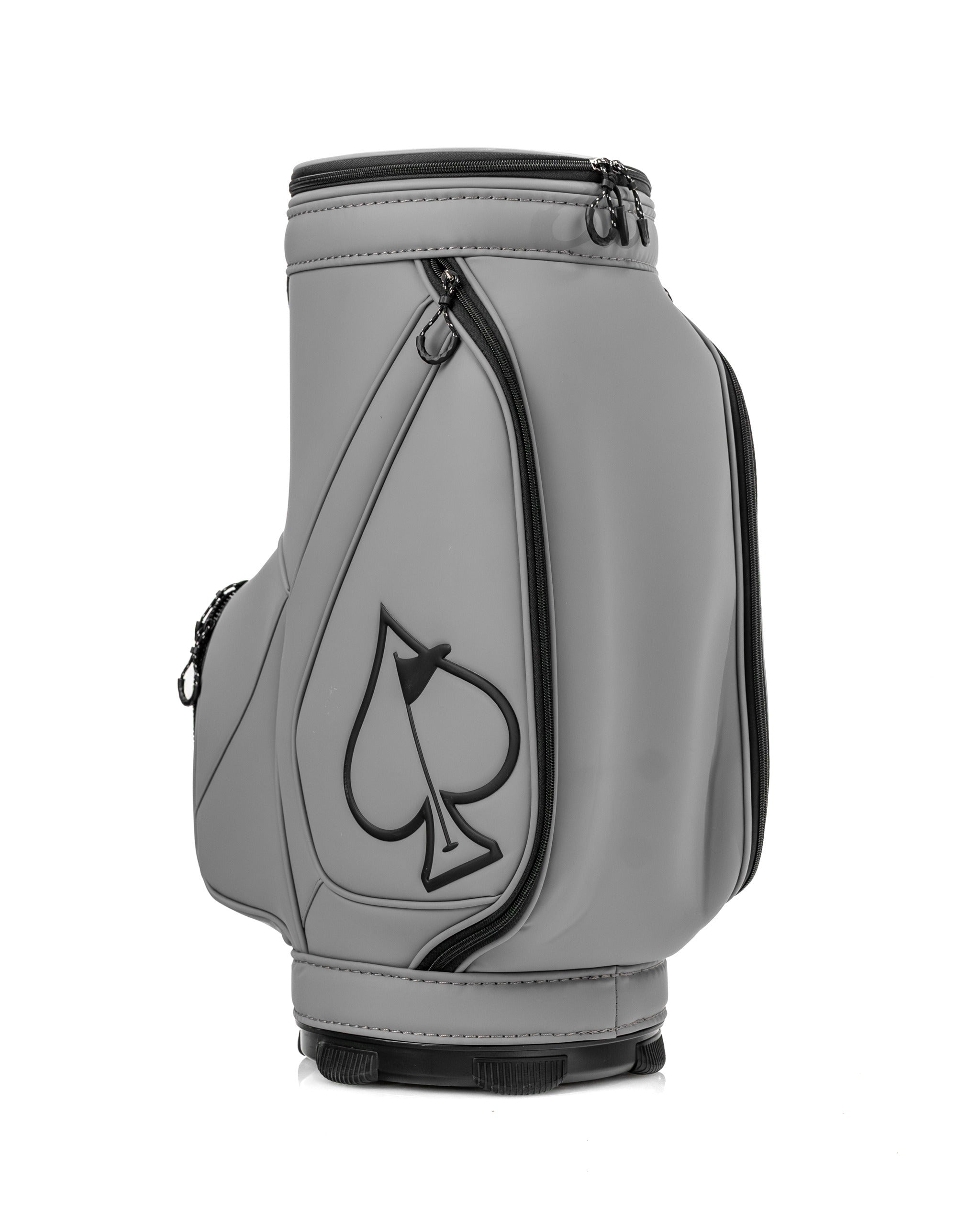 Stylish gray Den Caddy golf bag with a sleek design and spade logo, perfect for organizing golf essentials on the course.