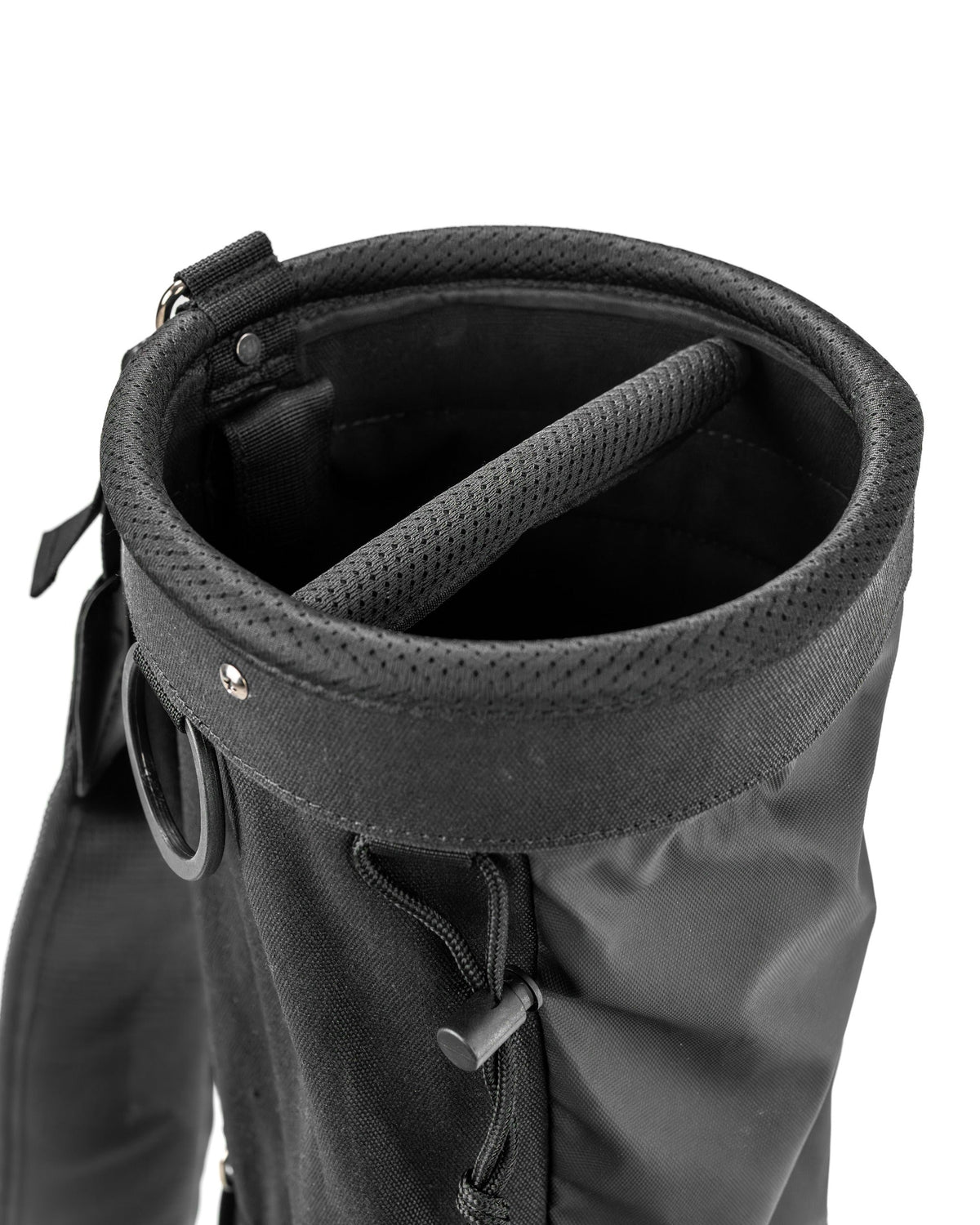 Top view of a Sunday golf bag showcasing its sleek black design and padded interior for club protection.