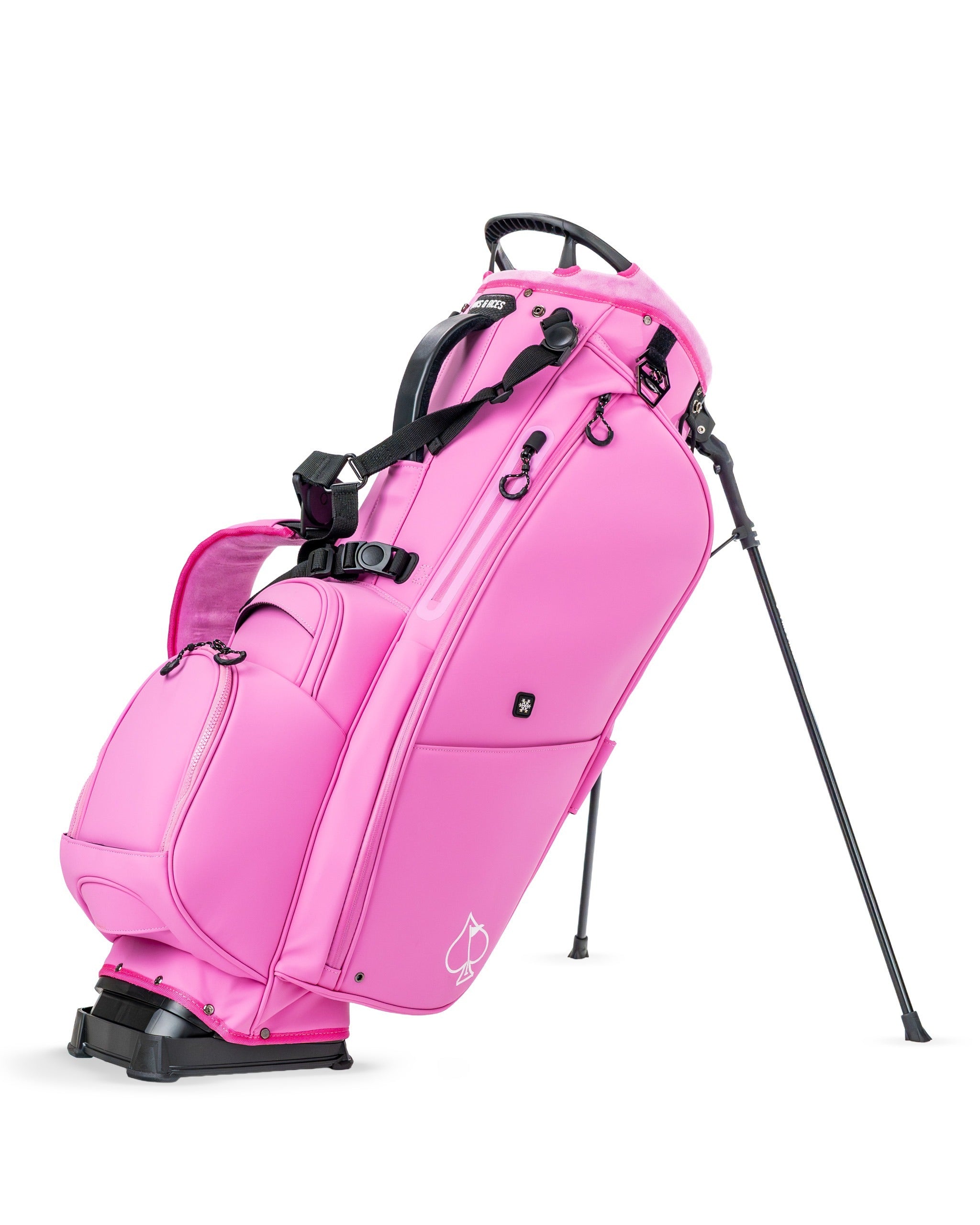 Bright pink Player Preferred Golf Bag featuring a sleek design, adjustable straps, and sturdy stand for golfers.