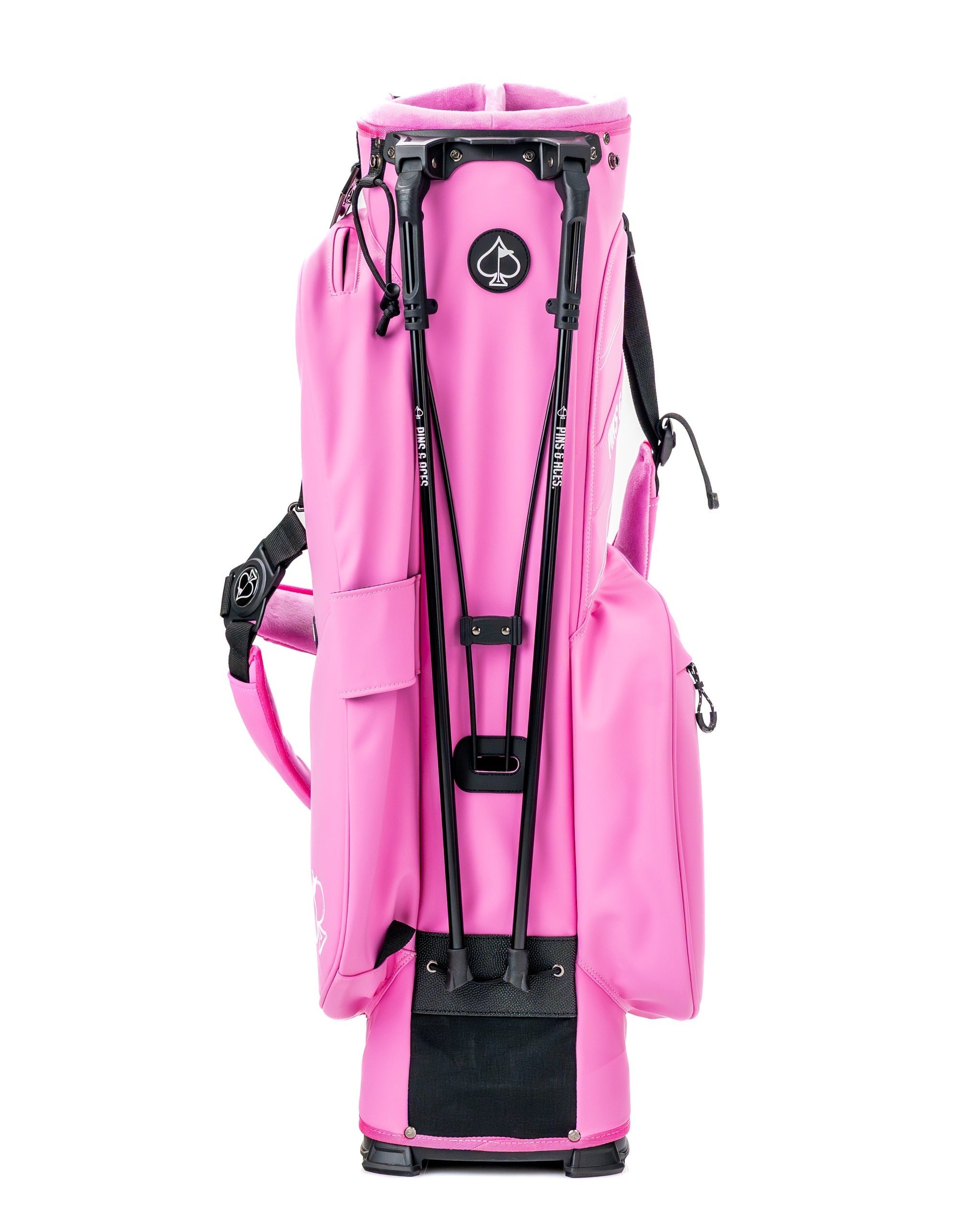Bold pink Player Preferred Golf Bag featuring multiple pockets and a sleek design for stylish golfers on the course.