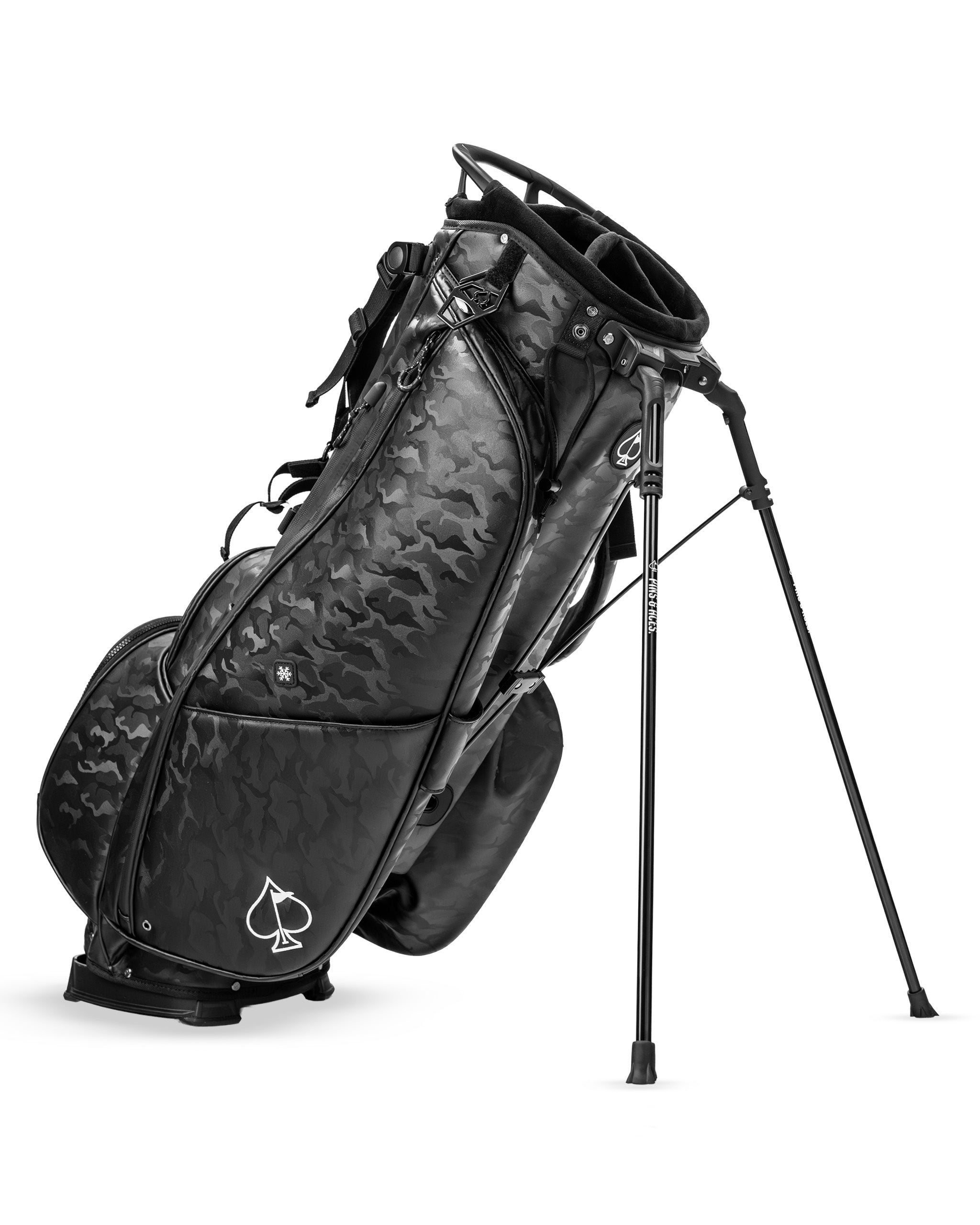 Player Preferred Golf Bag in black camo features a sleek design with a stand, ideal for stylish golfers on the course.