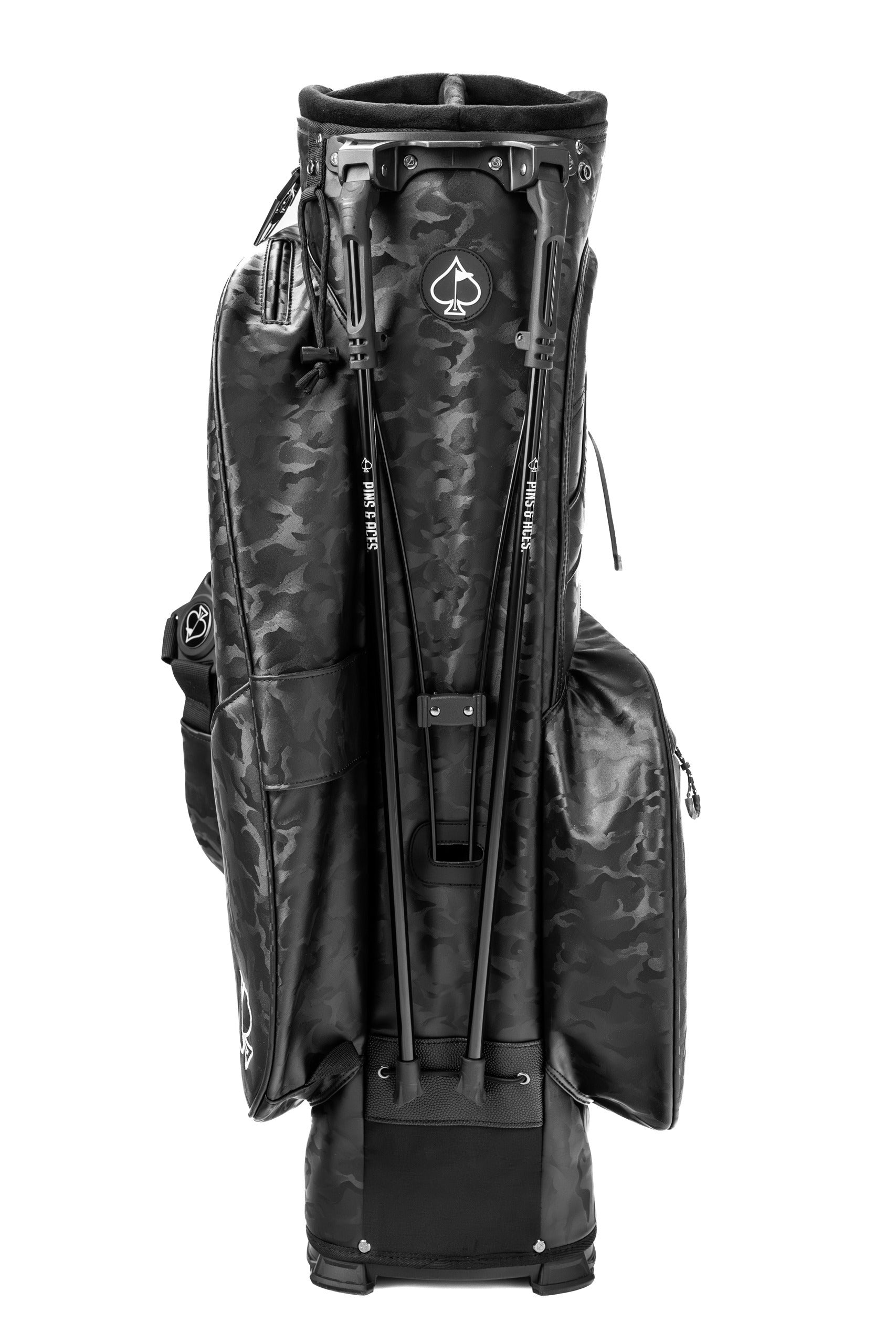 Black camo golf bag featuring a sleek design, multiple pockets, and a sturdy stand for easy use on the course.