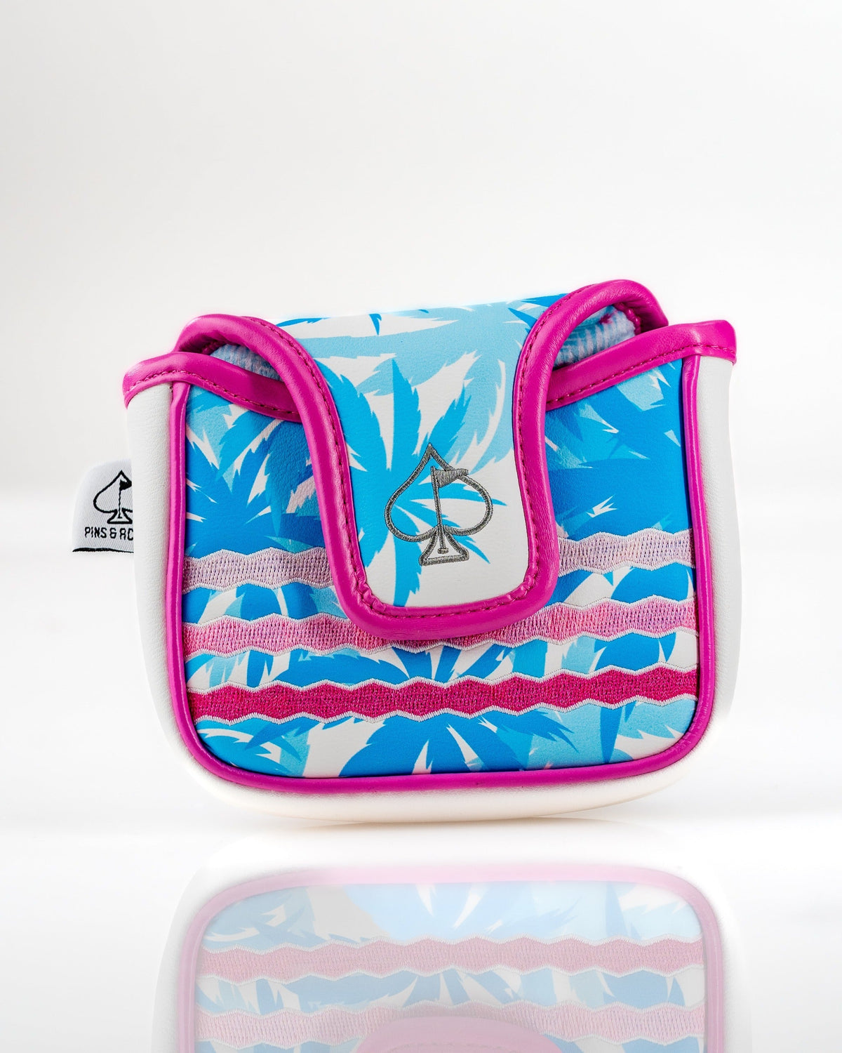 Vibrant flamingo-themed mallet putter cover with blue and pink tropical design, perfect for stylish golfers.