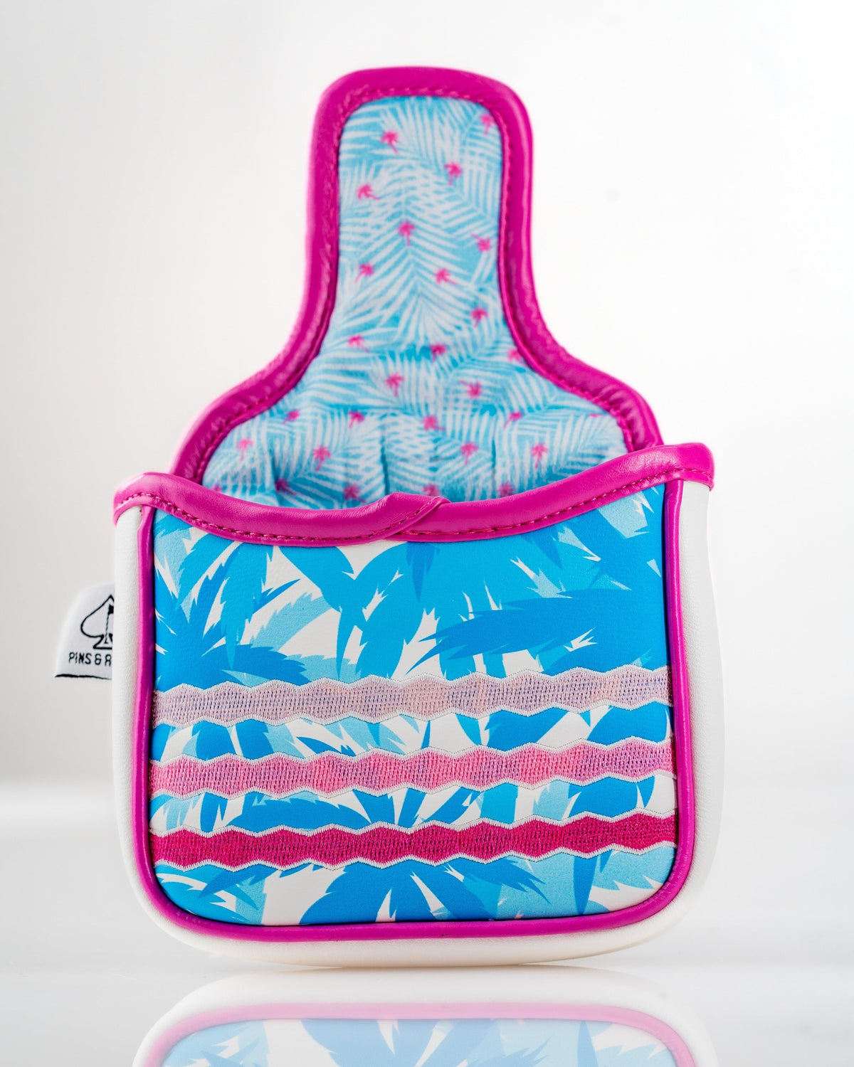 Vibrant flamingo-themed mallet putter cover featuring a tropical design with pink and blue accents for stylish golf protection.
