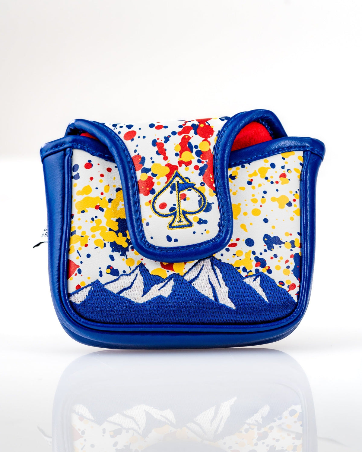 Bold Colorado 2.0 mallet putter cover featuring a colorful splatter design and mountain graphics for stylish golf protection.