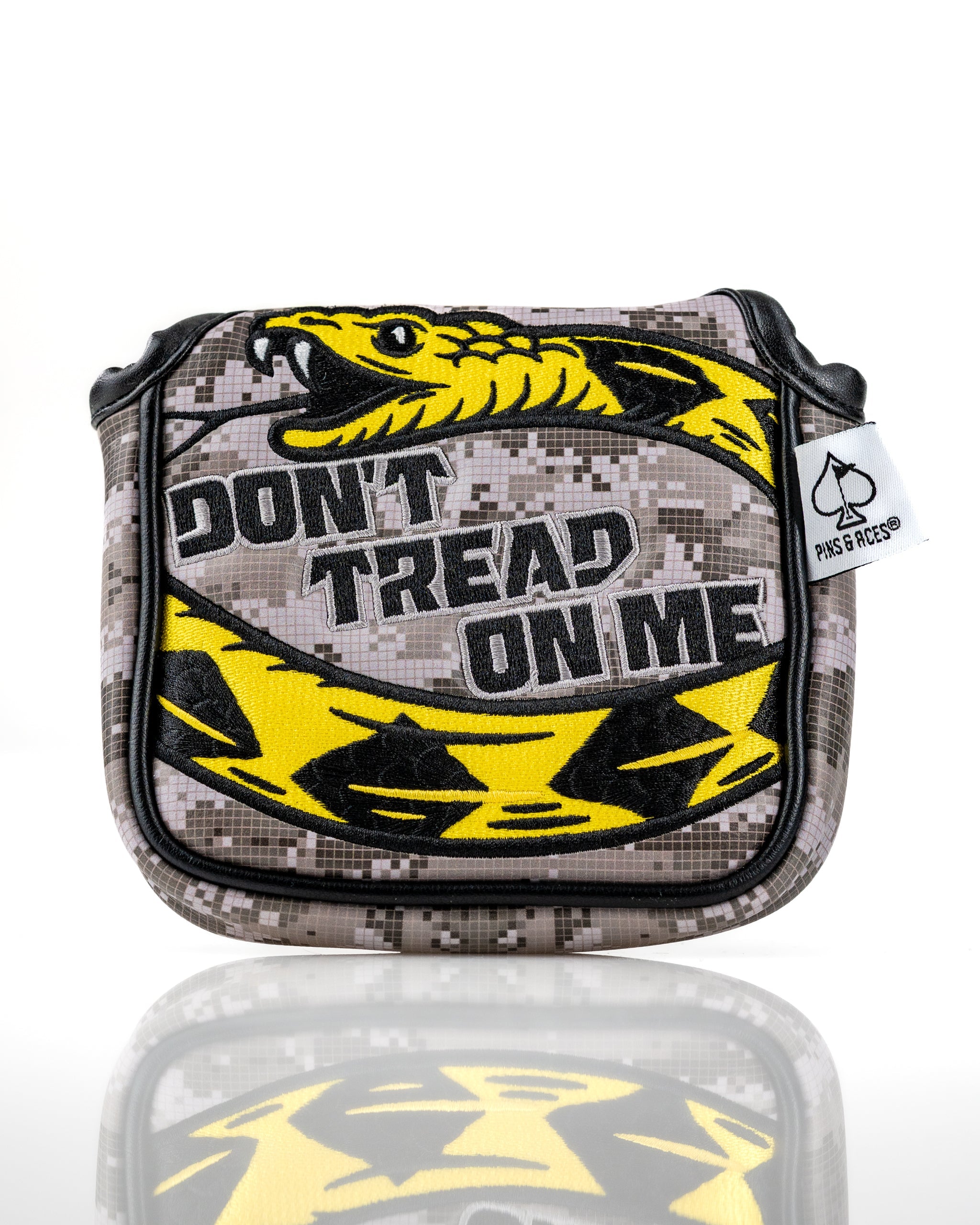 Bold mallet putter cover featuring a yellow snake and "Don't Tread On Me" design on a camo background.