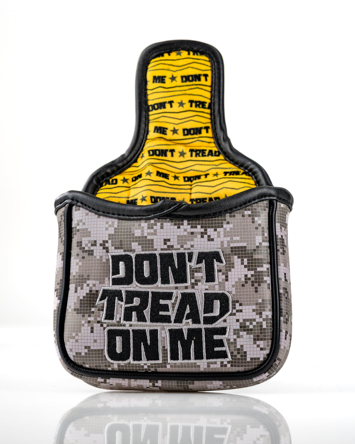 Camouflage mallet putter cover featuring "Don't Tread On Me" text in bold black letters on a textured background.