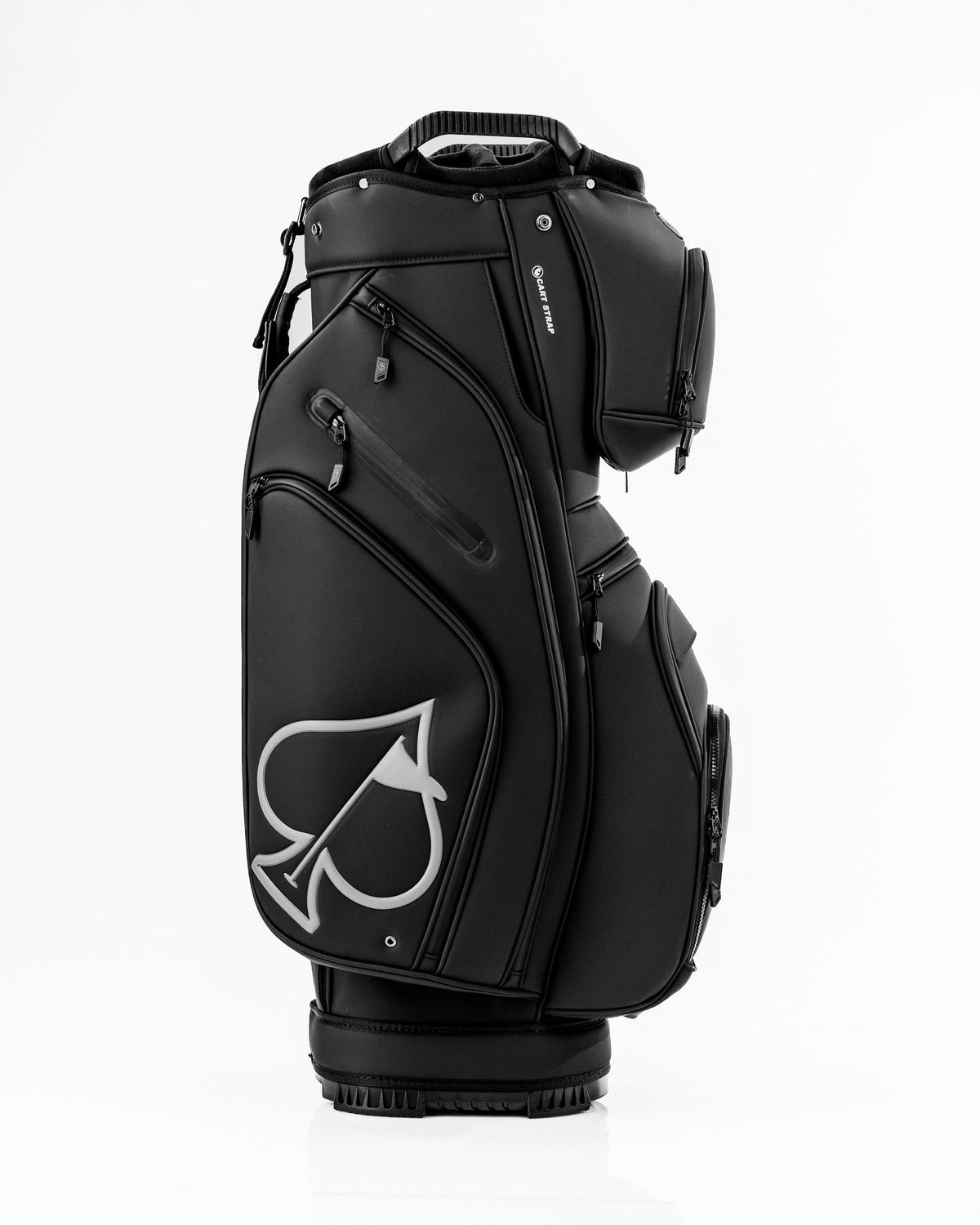 Sleek black Player Preferred™ cart bag featuring a large logo, multiple pockets, and a sturdy design for golfers.