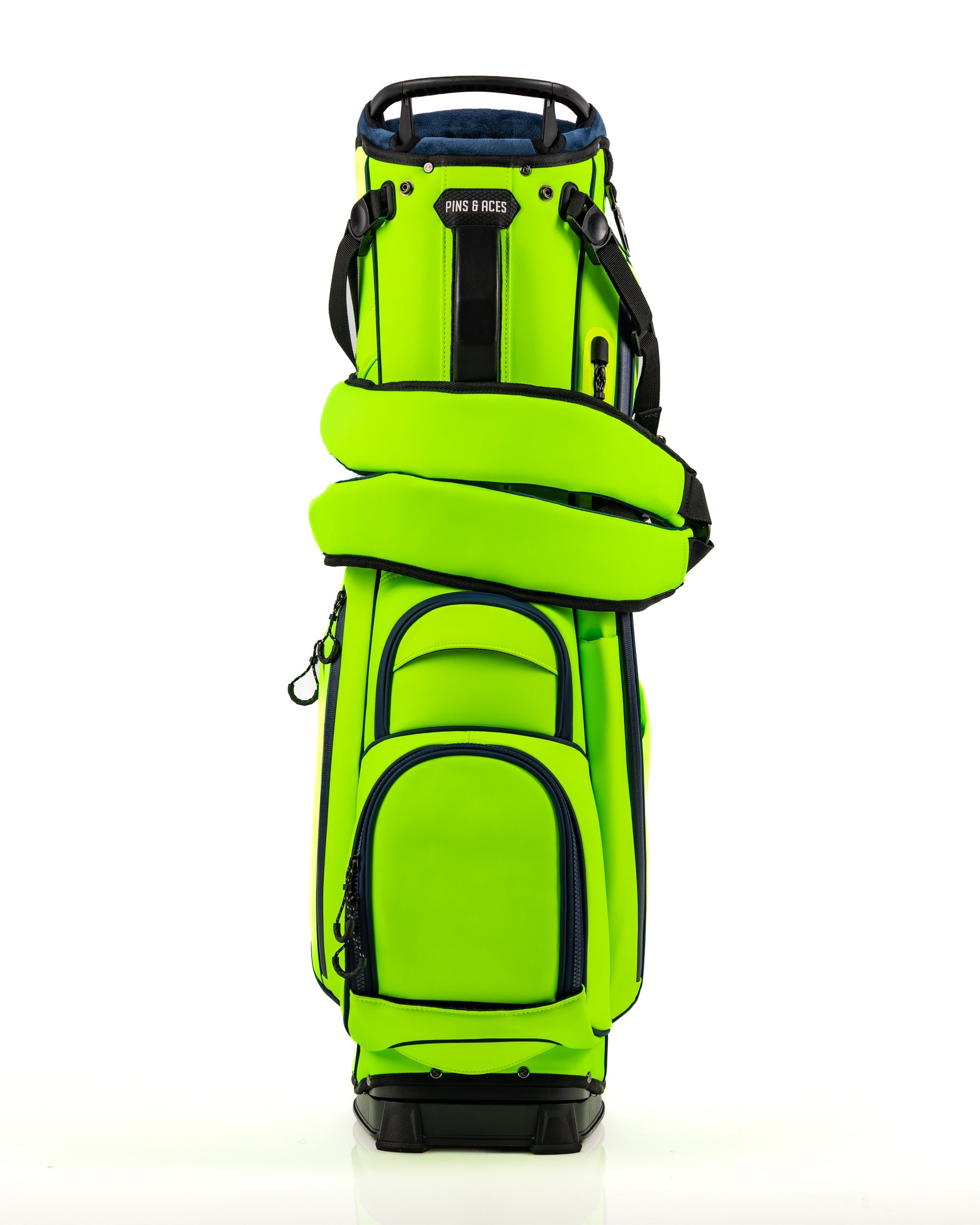Bright electric tide golf bag featuring multiple pockets and padded straps for comfort, designed for stylish golfers.