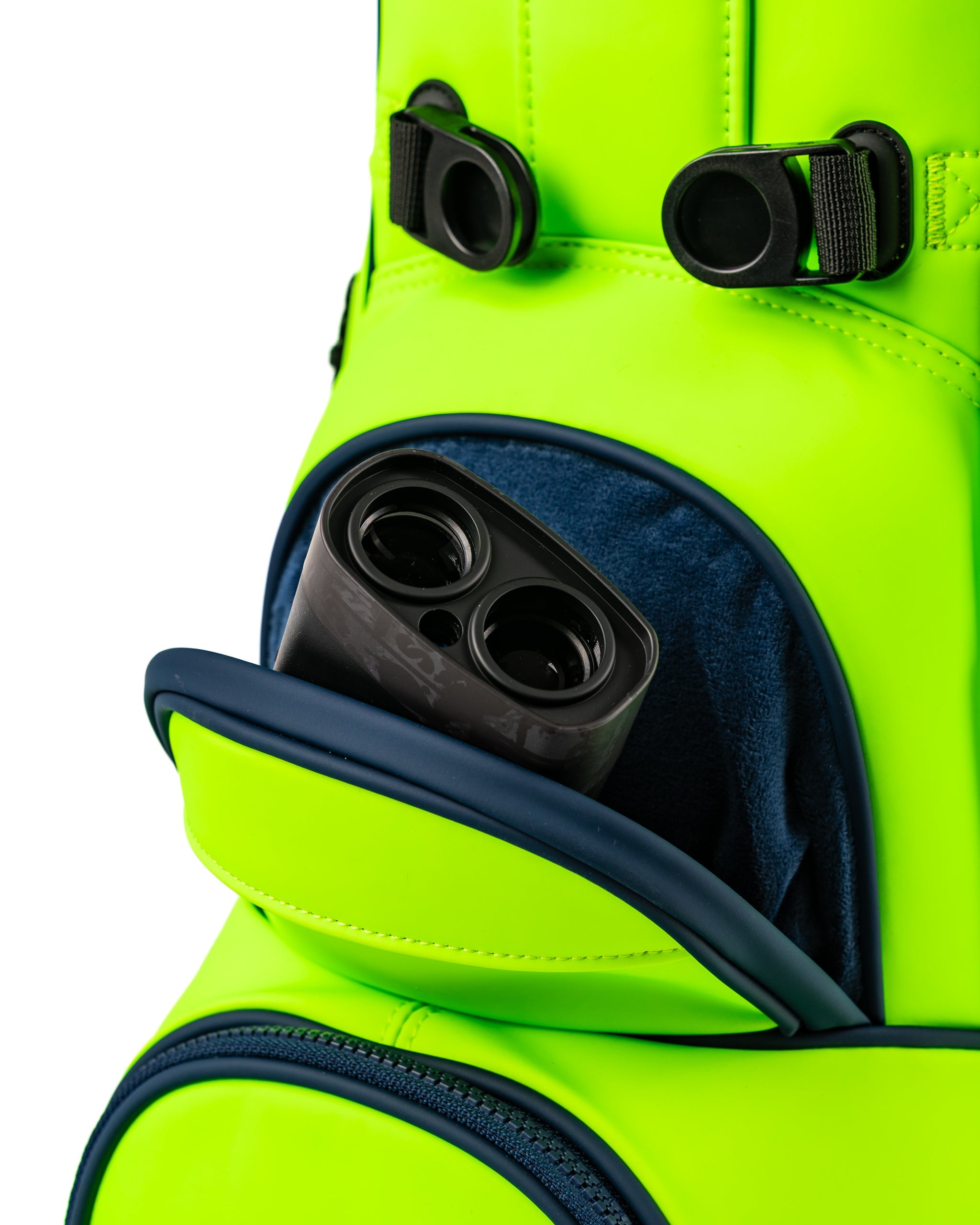 Bright electric tide golf bag featuring a secure pocket for a rangefinder, perfect for stylish golfers on the course.