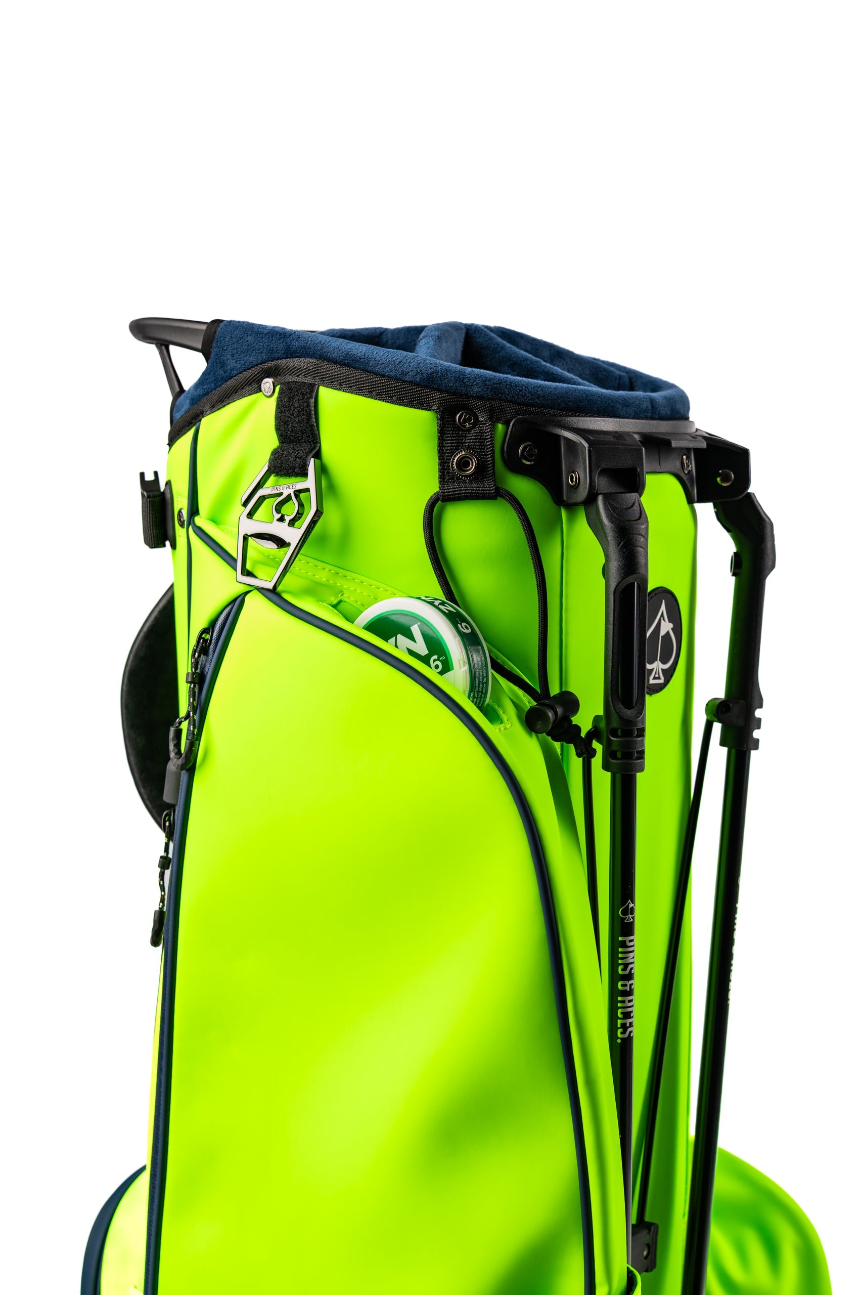 Bright electric tide golf bag featuring a sleek design, multiple pockets, and sturdy stand for easy access on the course.