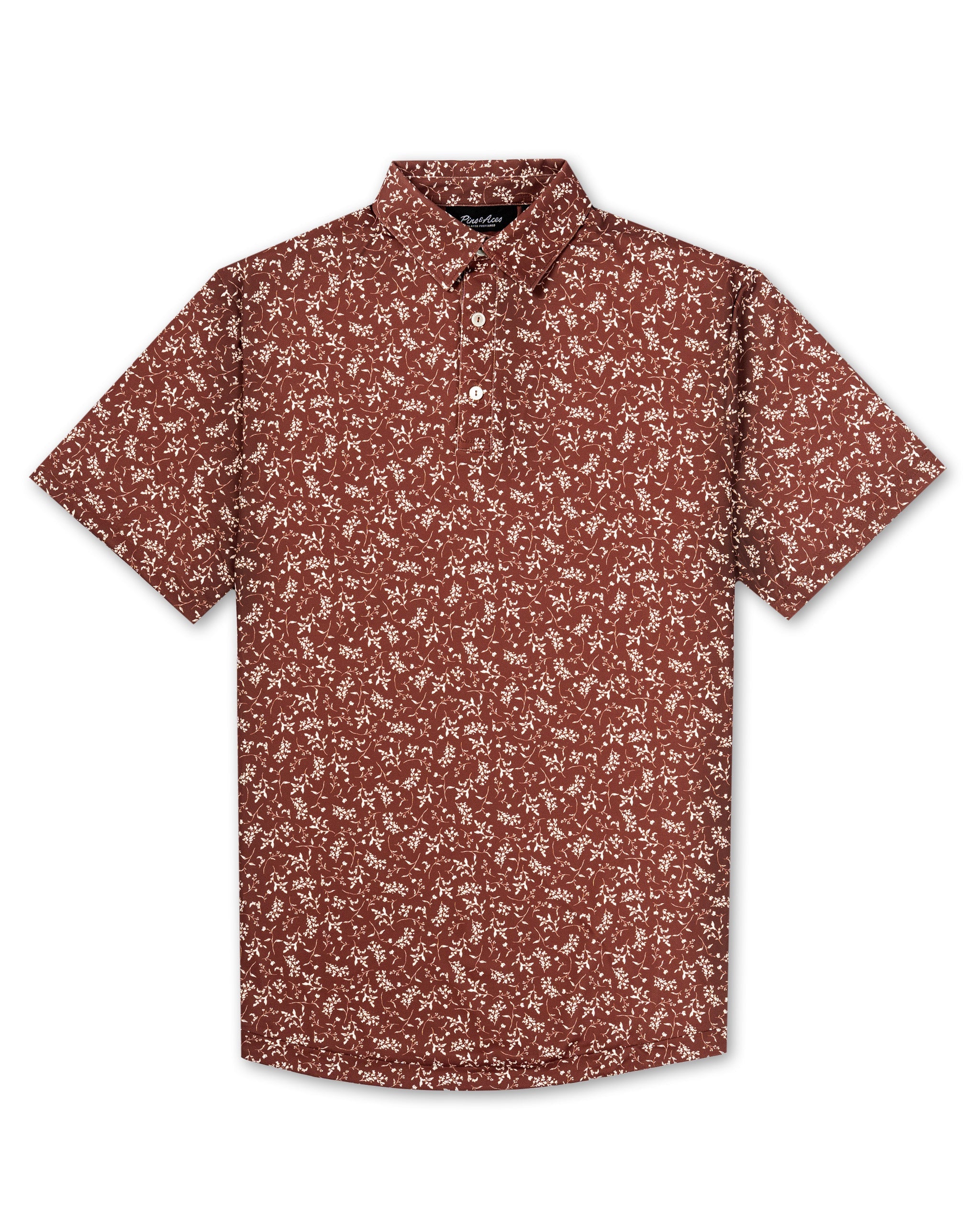 Men's short-sleeve shirt in a rich rust color with a white floral pattern, perfect for stylish golf outings.