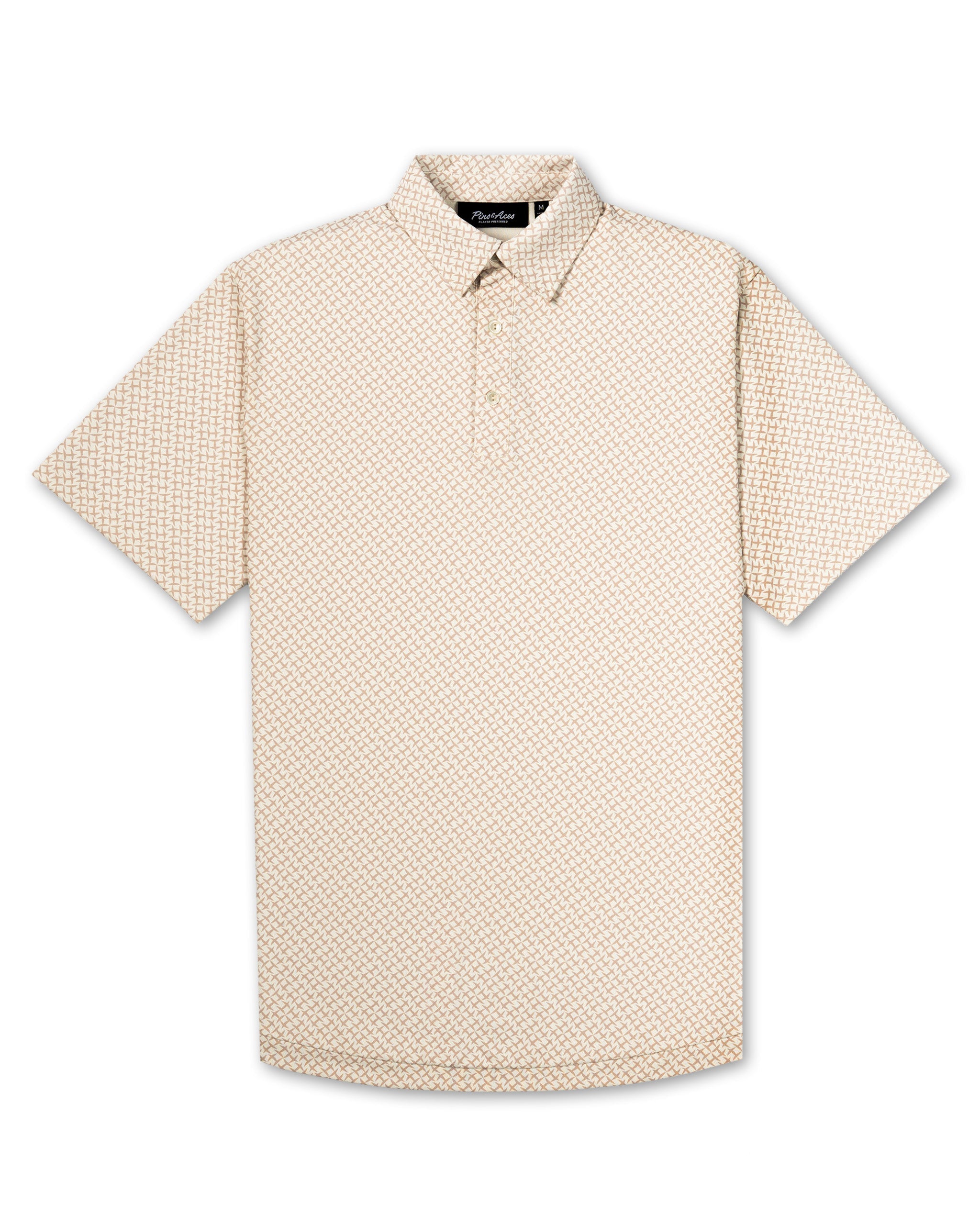 Men's short-sleeve polo shirt in a light beige with a subtle crosshatch pattern, ideal for stylish golf outings.