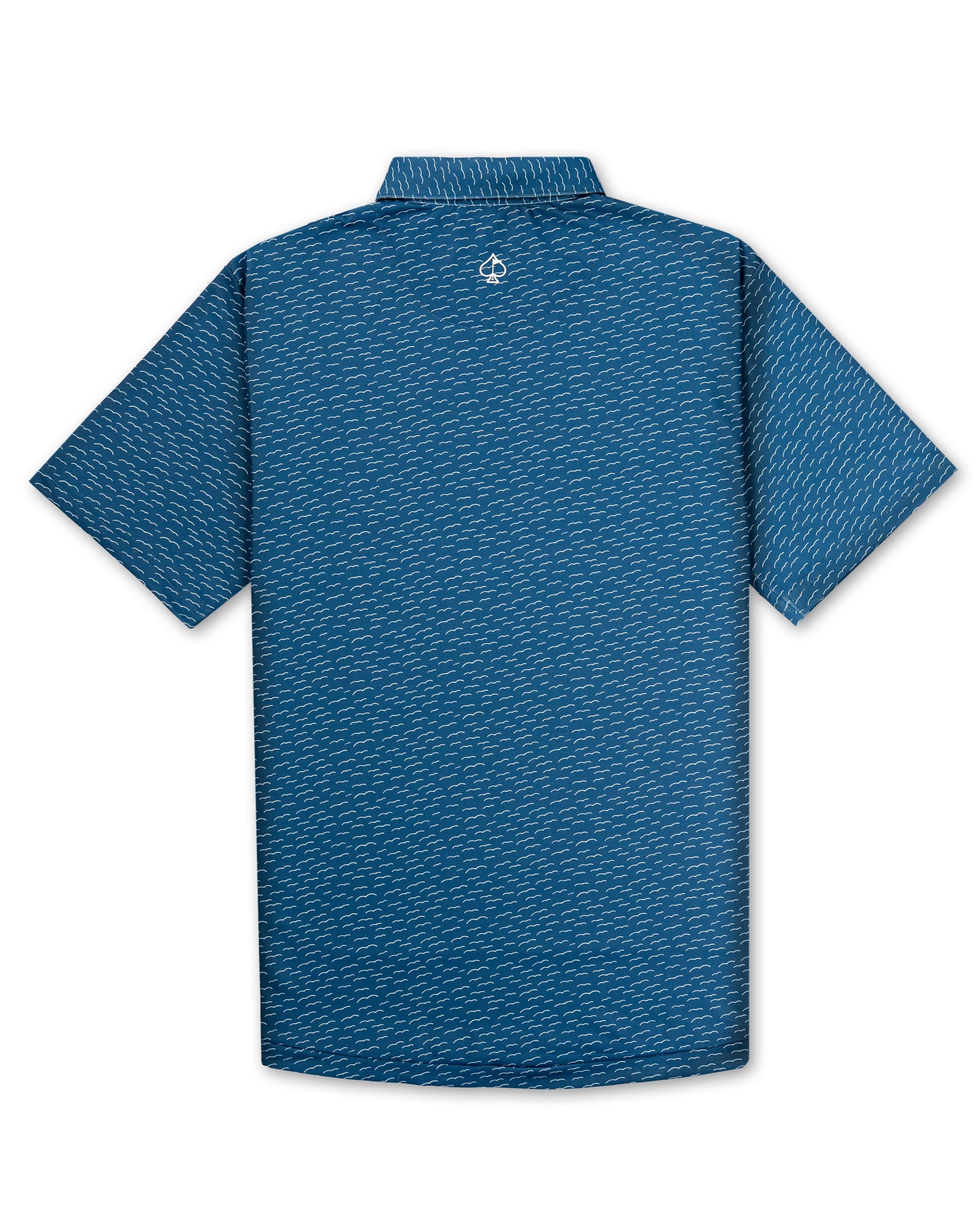 Men's short-sleeve golf shirt in blue featuring a subtle flight pattern design, perfect for stylish performance on the course.