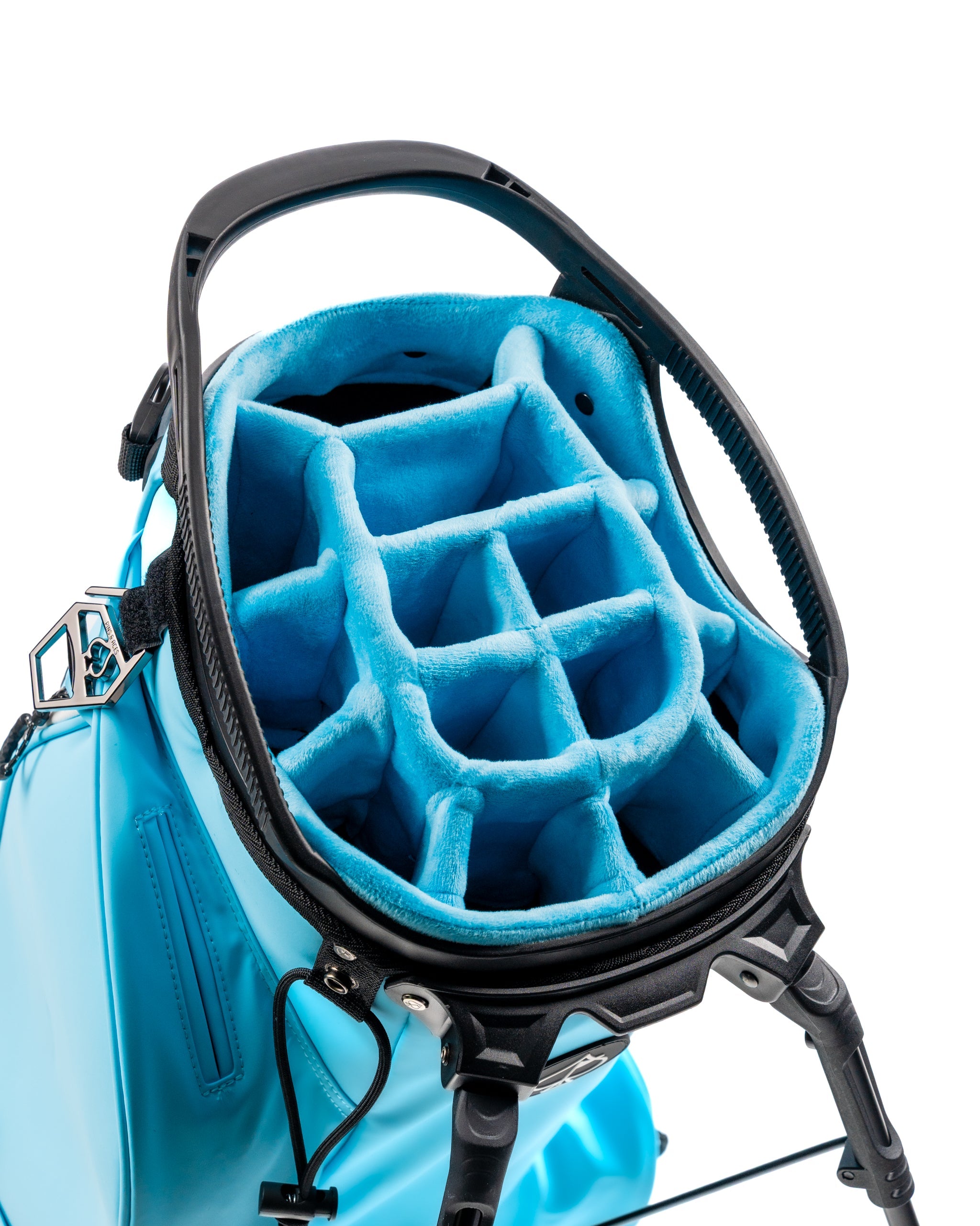Top view of the Player Preferred Golf Bag in Glacier, showcasing a spacious, padded interior with dividers for clubs.