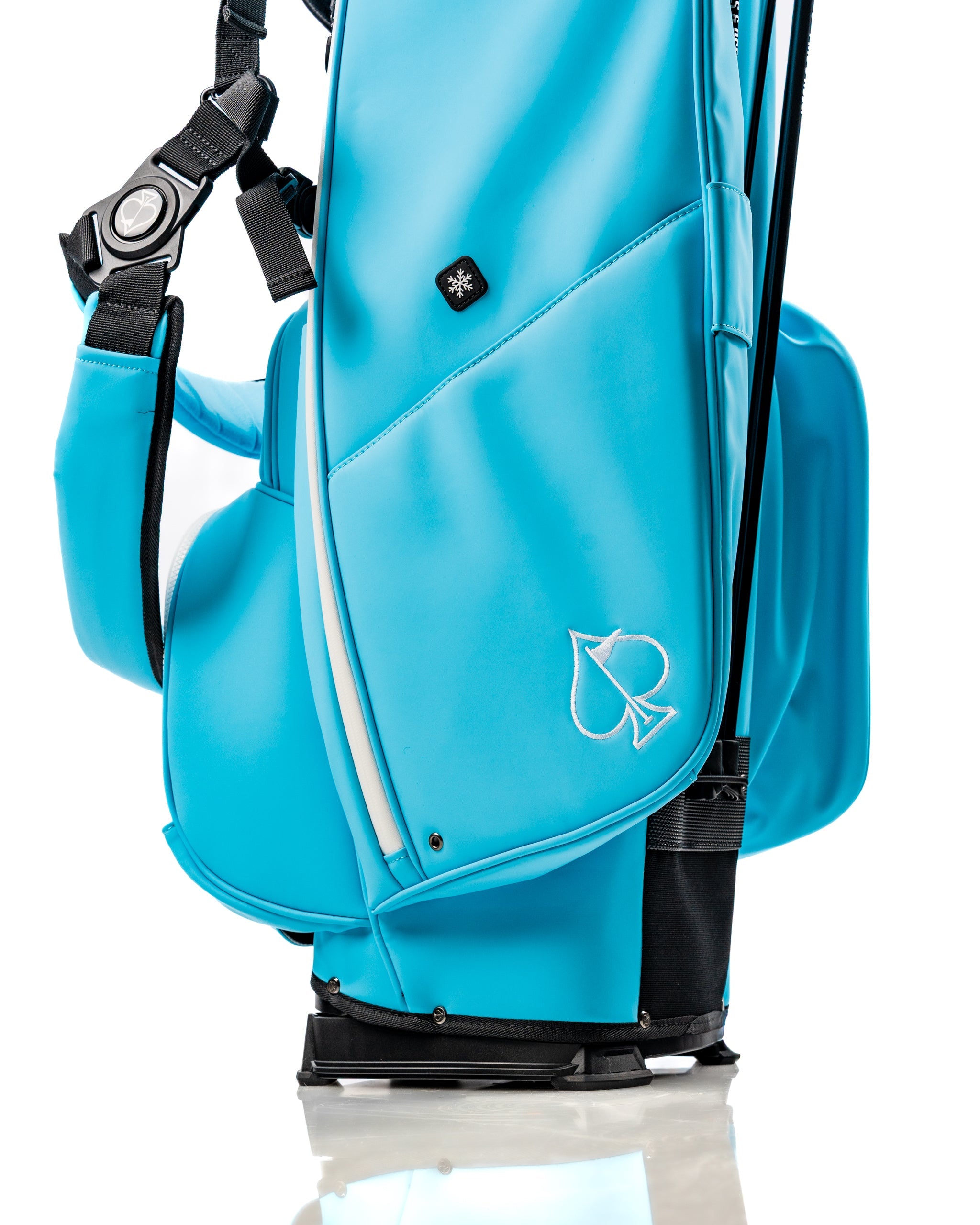 Light blue Player Preferred Golf Bag featuring a sleek design and logo, ideal for stylish golfers on the course.