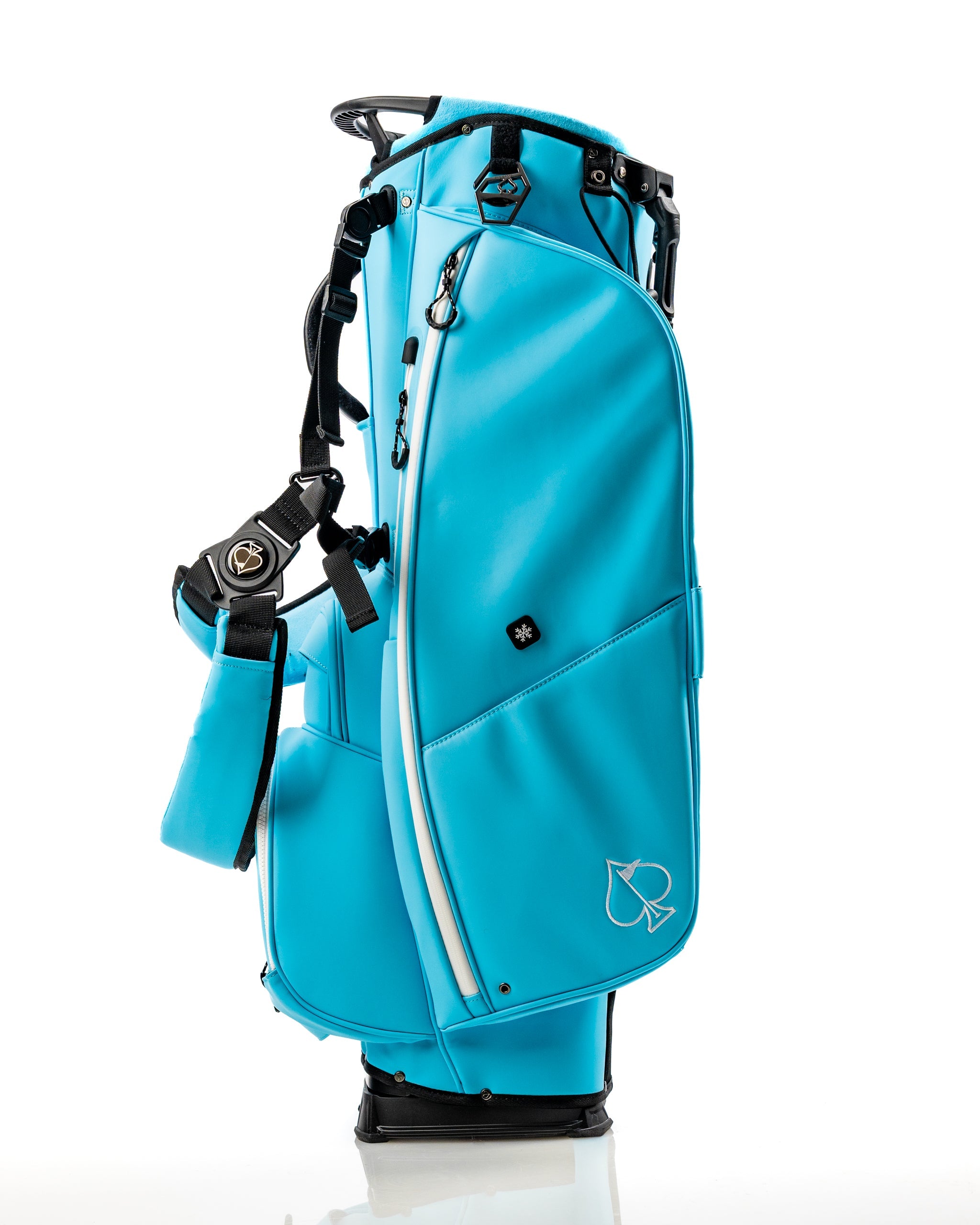 Bright turquoise Player Preferred Golf Bag featuring multiple pockets and a sleek design, ideal for stylish golfers.