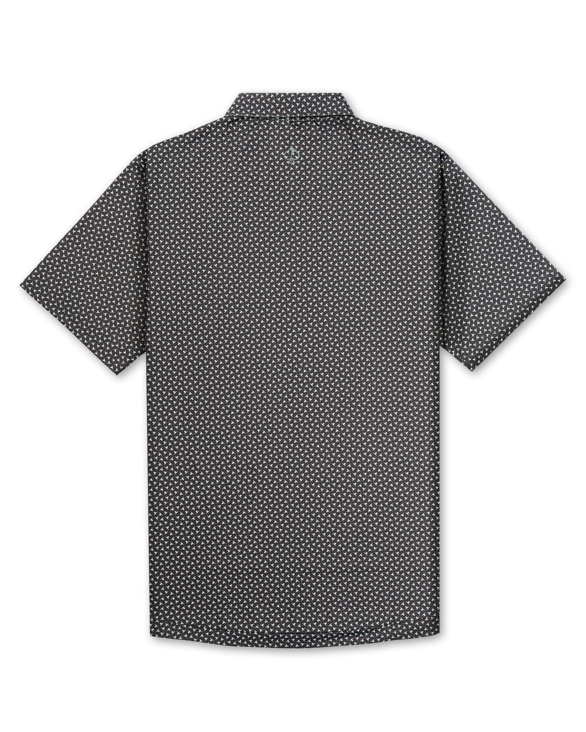 Men's short-sleeve golf shirt featuring a stylish jade drop pattern on a black background, perfect for a bold look on the course.