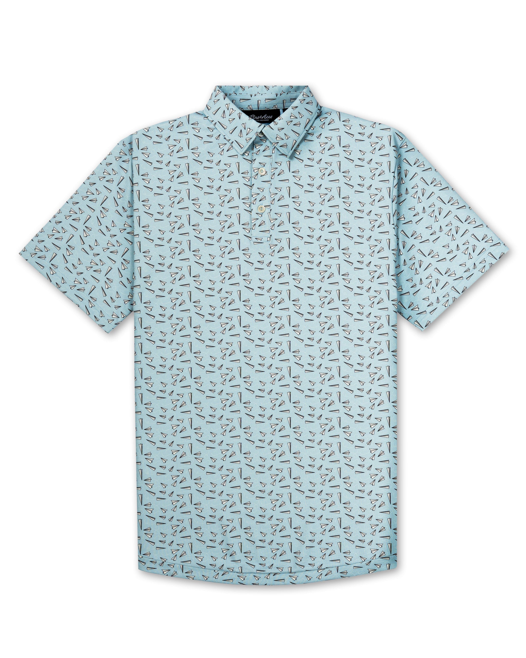 Light blue short-sleeve golf shirt featuring a playful paper planes pattern, perfect for stylish golfers.