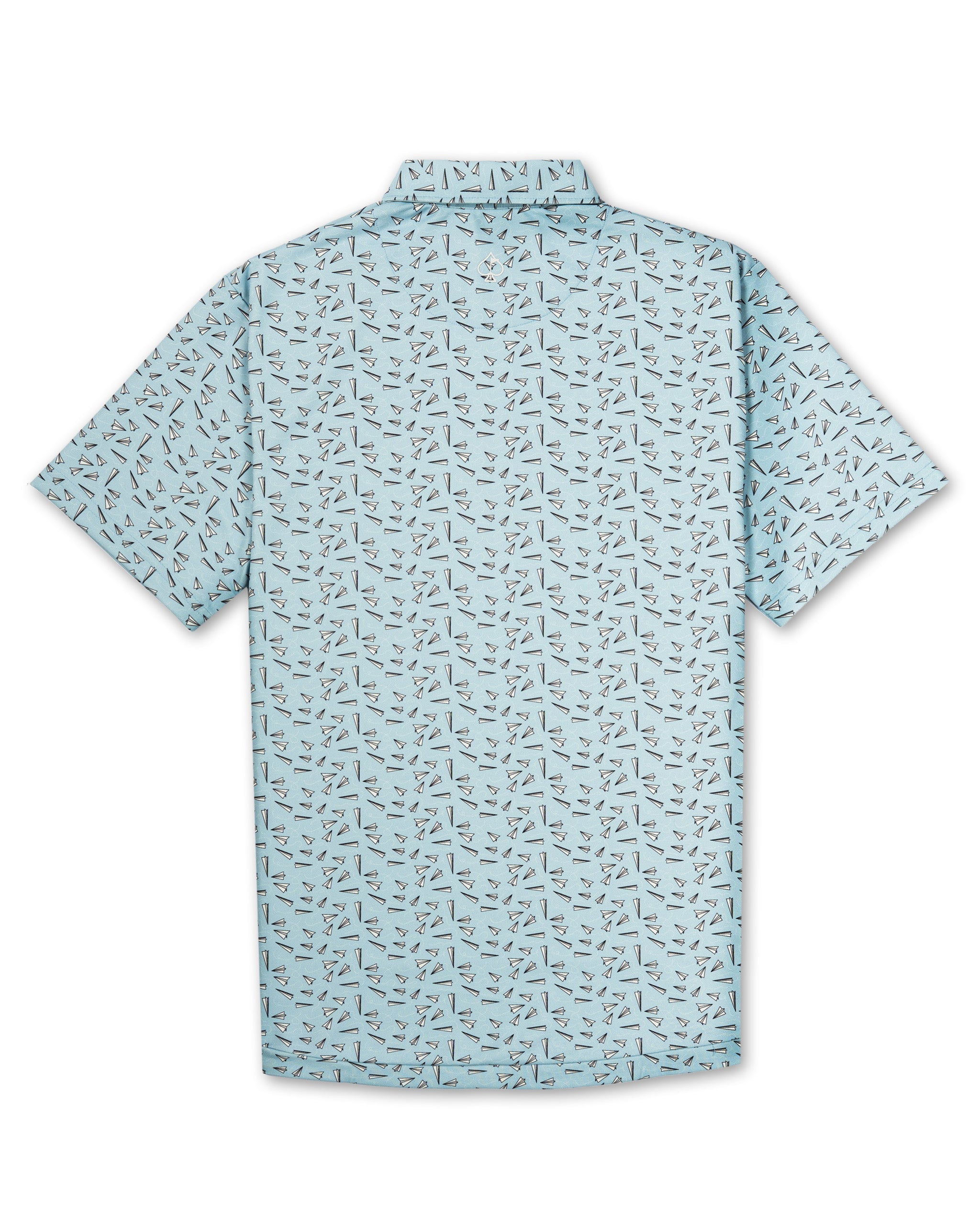 Light blue short-sleeve shirt featuring a playful pattern of paper planes, perfect for stylish golf outings.