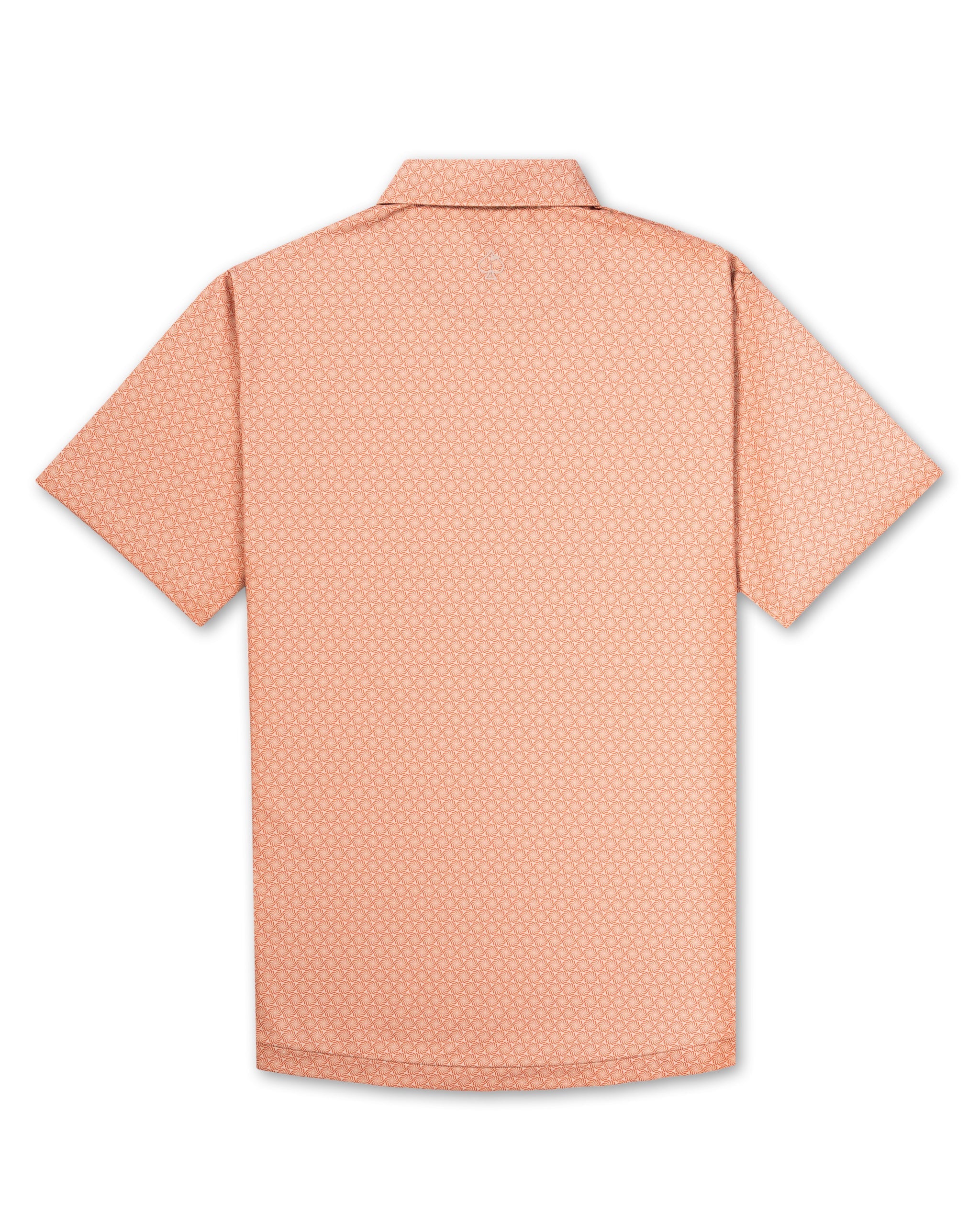 Men's Phoenix Whirl golf shirt in soft peach with a subtle geometric pattern, designed for style and comfort on the course.