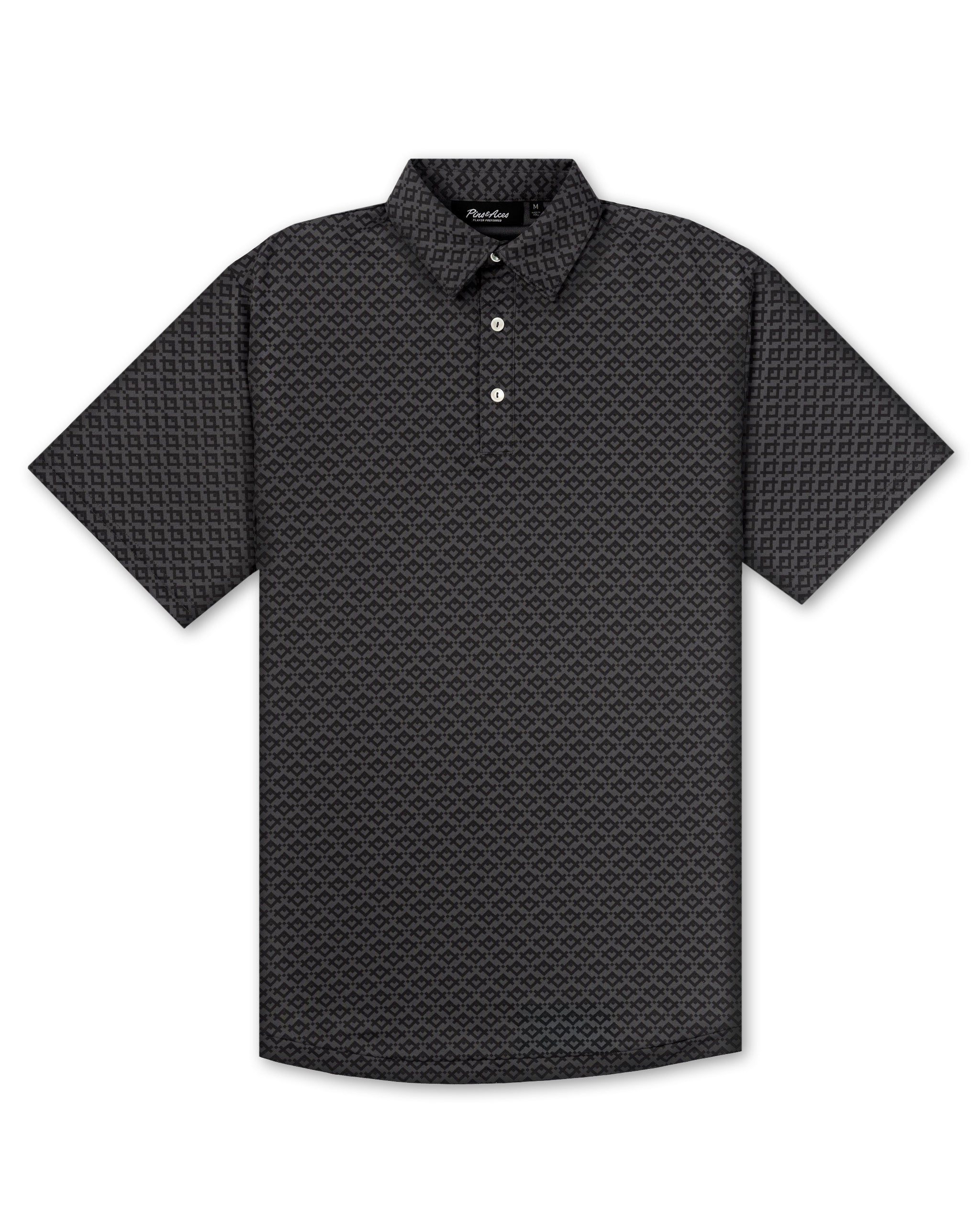 Men's short-sleeve golf polo in slate gray featuring a subtle mosaic pattern, perfect for stylish play on the course.