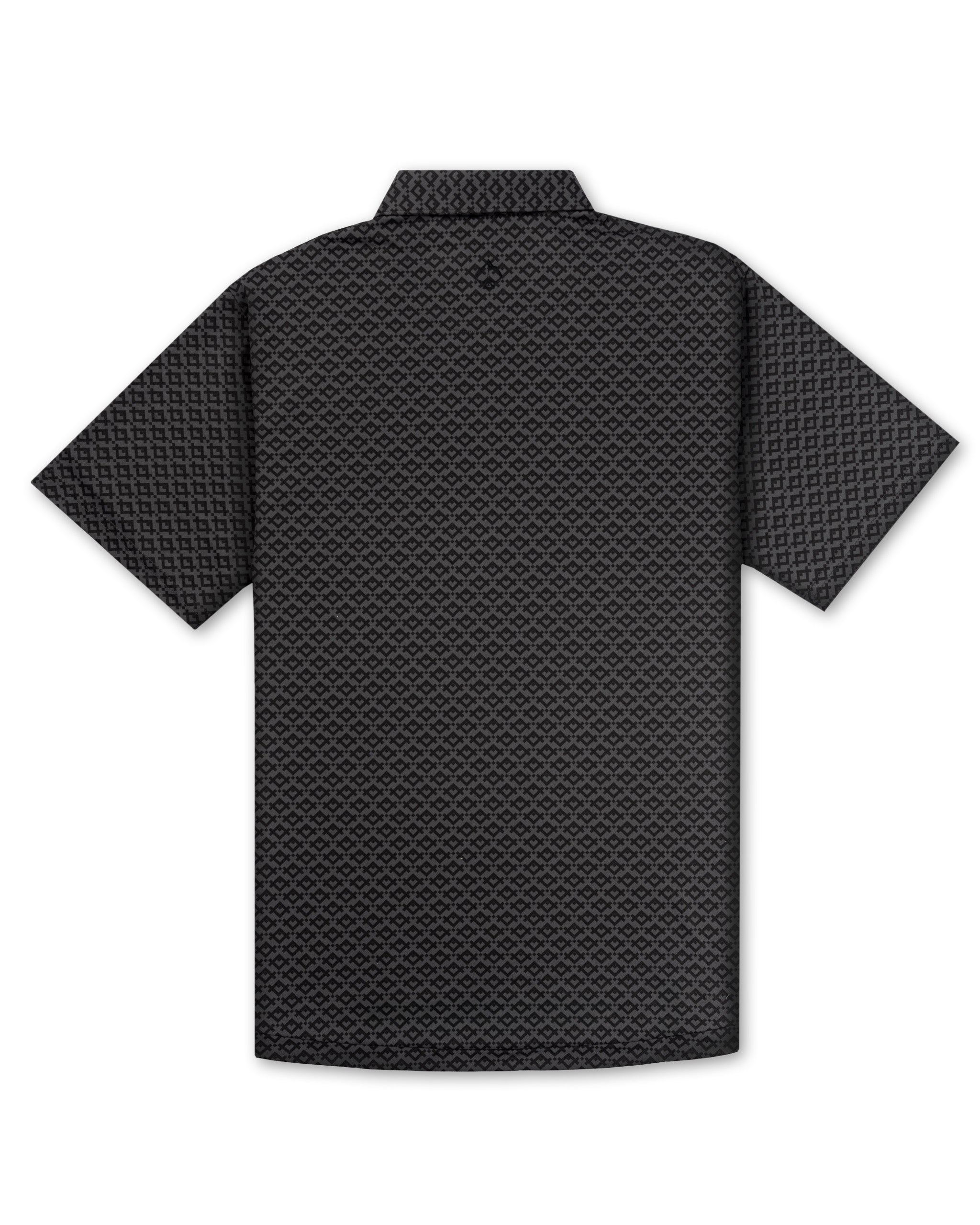 Men's short-sleeve golf shirt in slate gray featuring a stylish mosaic pattern, perfect for a bold look on the course.