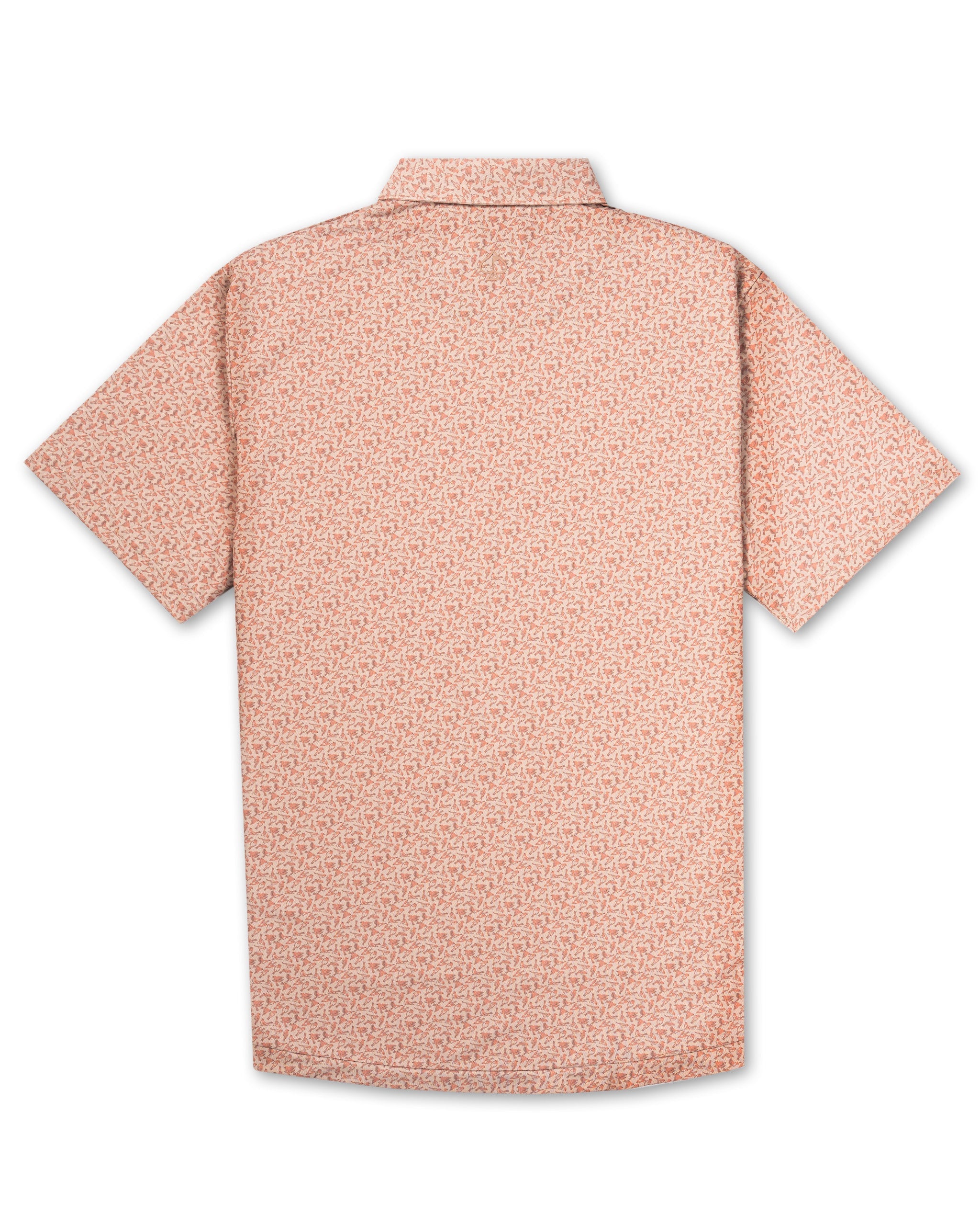 Men's short-sleeve golf shirt in a light coral color with a subtle sparrow pattern, perfect for stylish play on the course.
