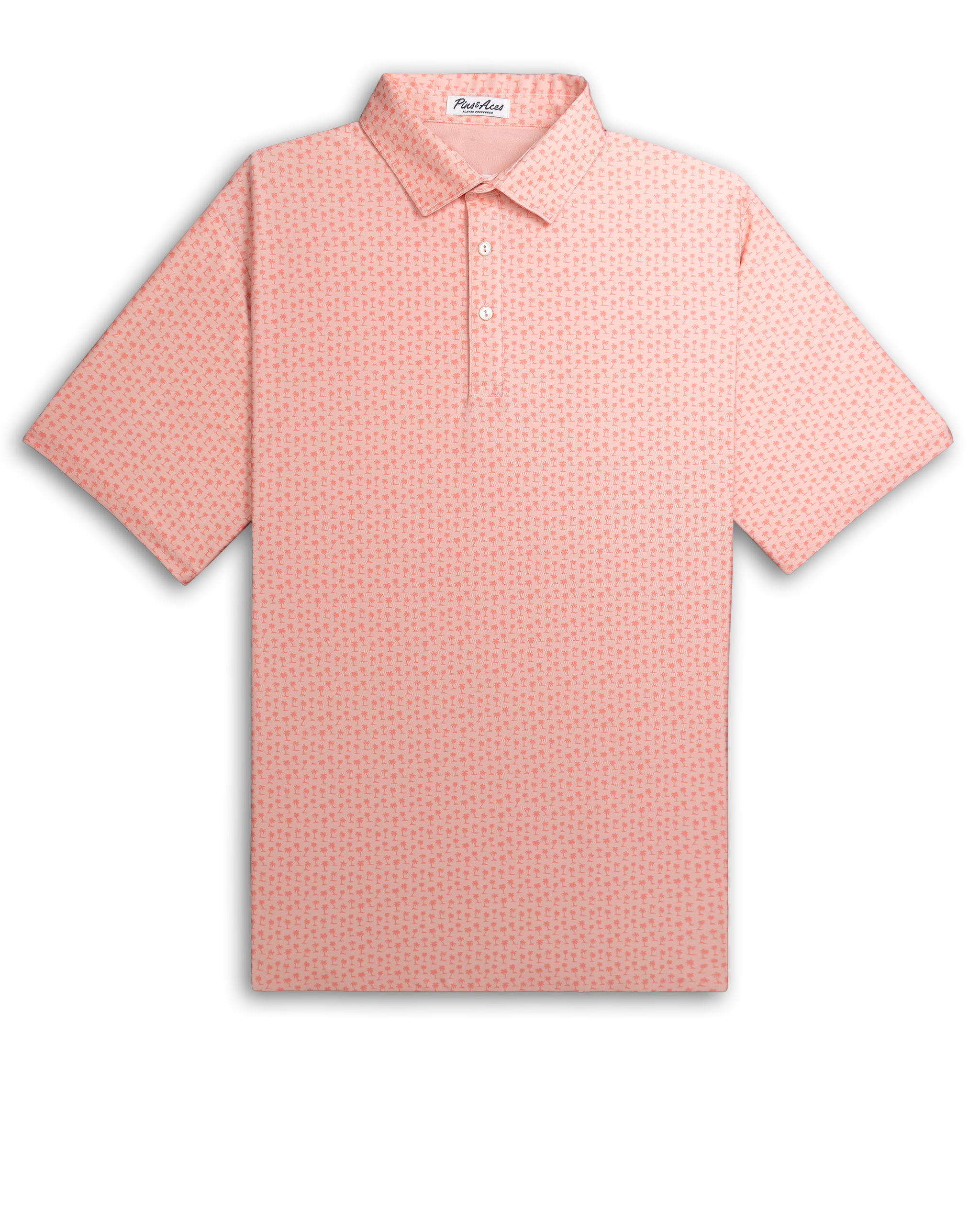 Player Preferred™ Polo in Coral Palms design featuring a vibrant coral color with palm leaf patterns on a smooth fabric background.