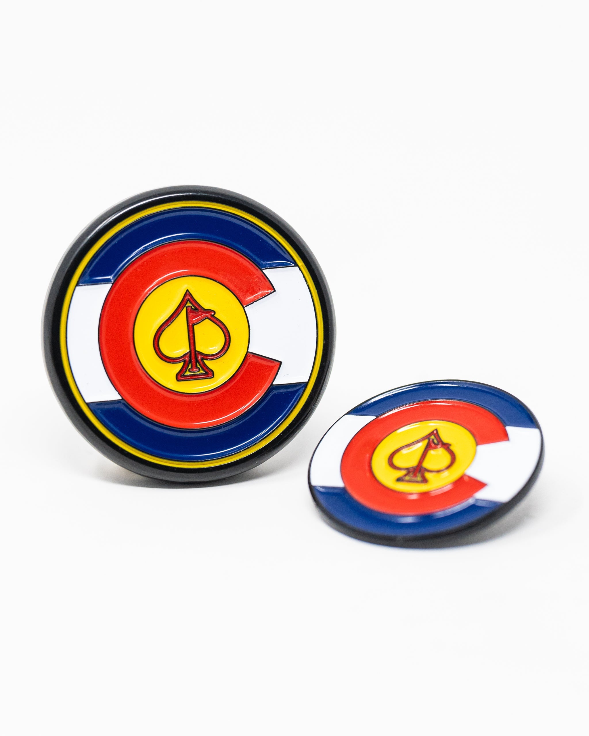 Pop Out Medallion Ball Marker featuring the Colorado state emblem, vibrant colors, and a unique pop-out design for easy use on the golf course.