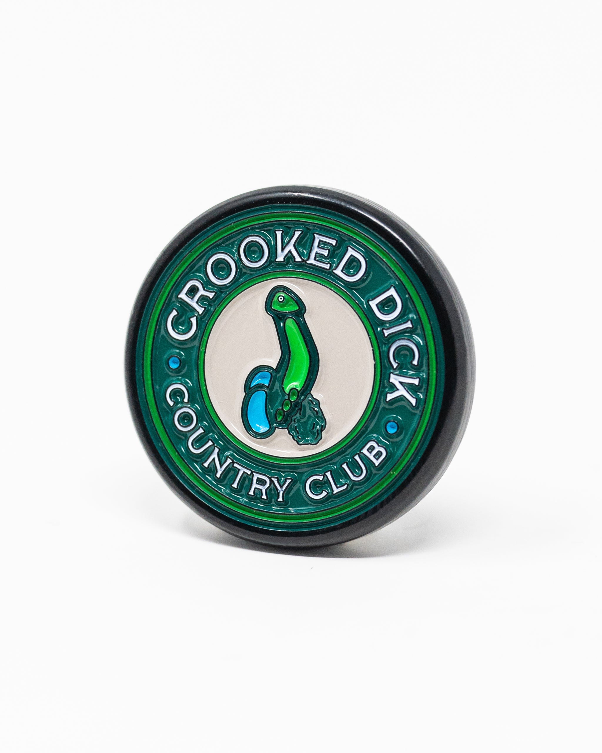Pop Out Medallion Ball Marker featuring a Crooked Dick design, showcasing vibrant colors and a circular shape for easy use on golf courses.