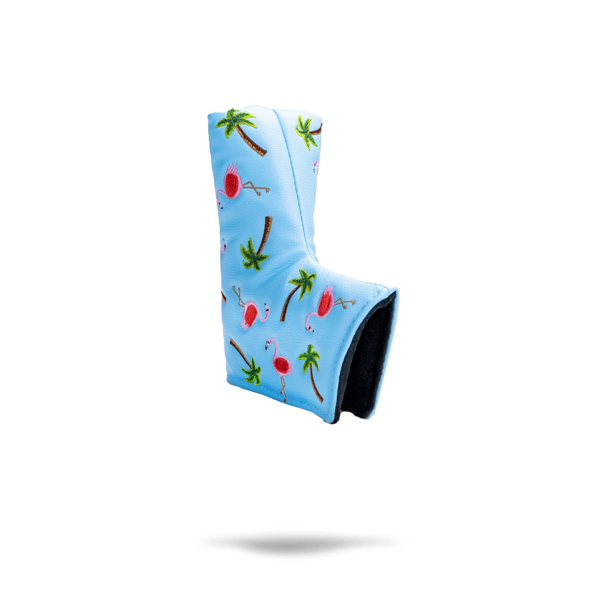 Dancing Flamingos blade putter cover featuring vibrant pink flamingo design against a black background.