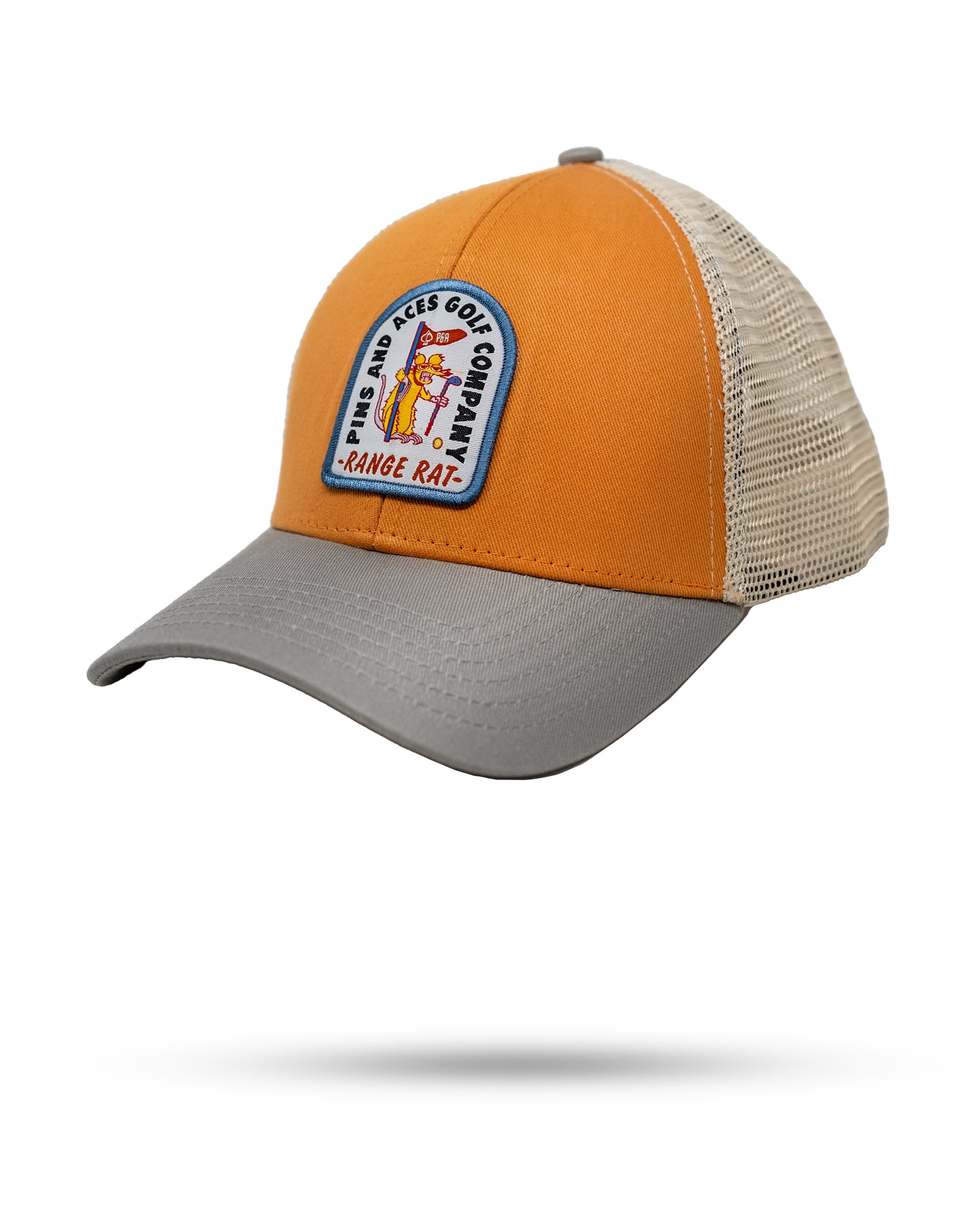 Orange trucker hat with "Range Rat" embroidered on the front, featuring a mesh back and adjustable snap closure.